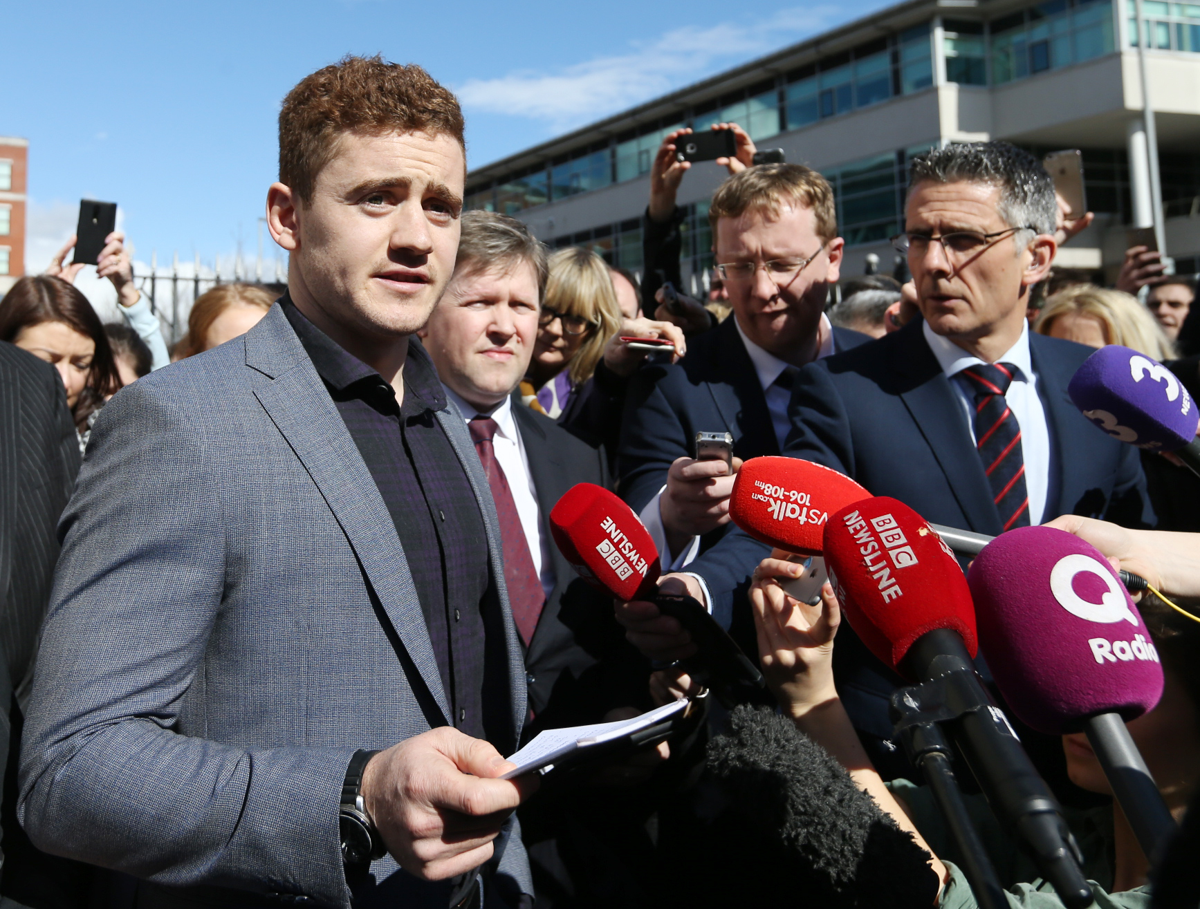Paddy Jackson making a statement outside Laganside Courts in Belfast after being declared not guilty, 23/03/2018. Image: Sam Boal/Rollingnews.ie