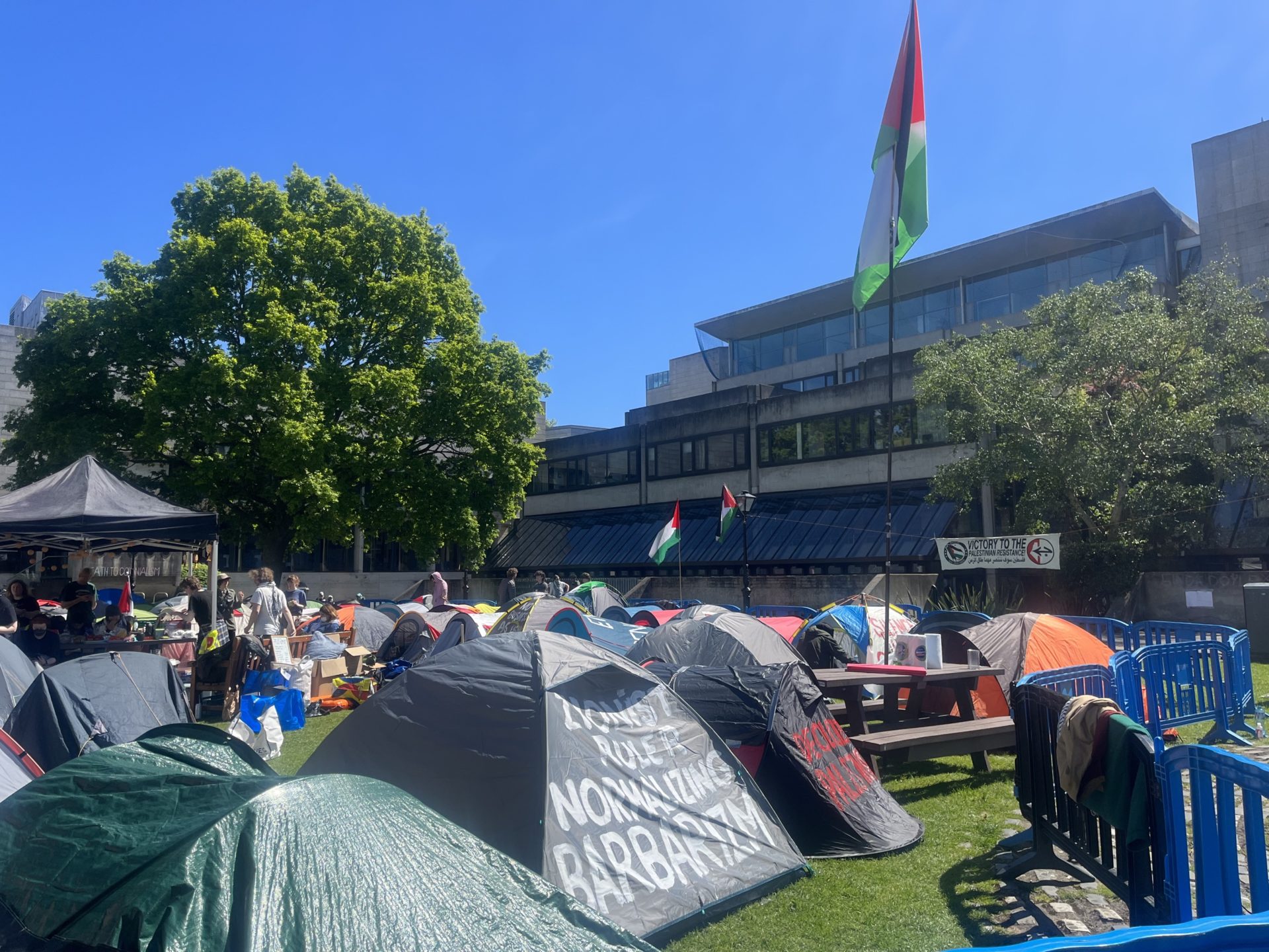 Encampment at Trinity College Dublin with protestors calling on the college to cut ties with Israel, 06/05/2024. Image: Ellen Kenny