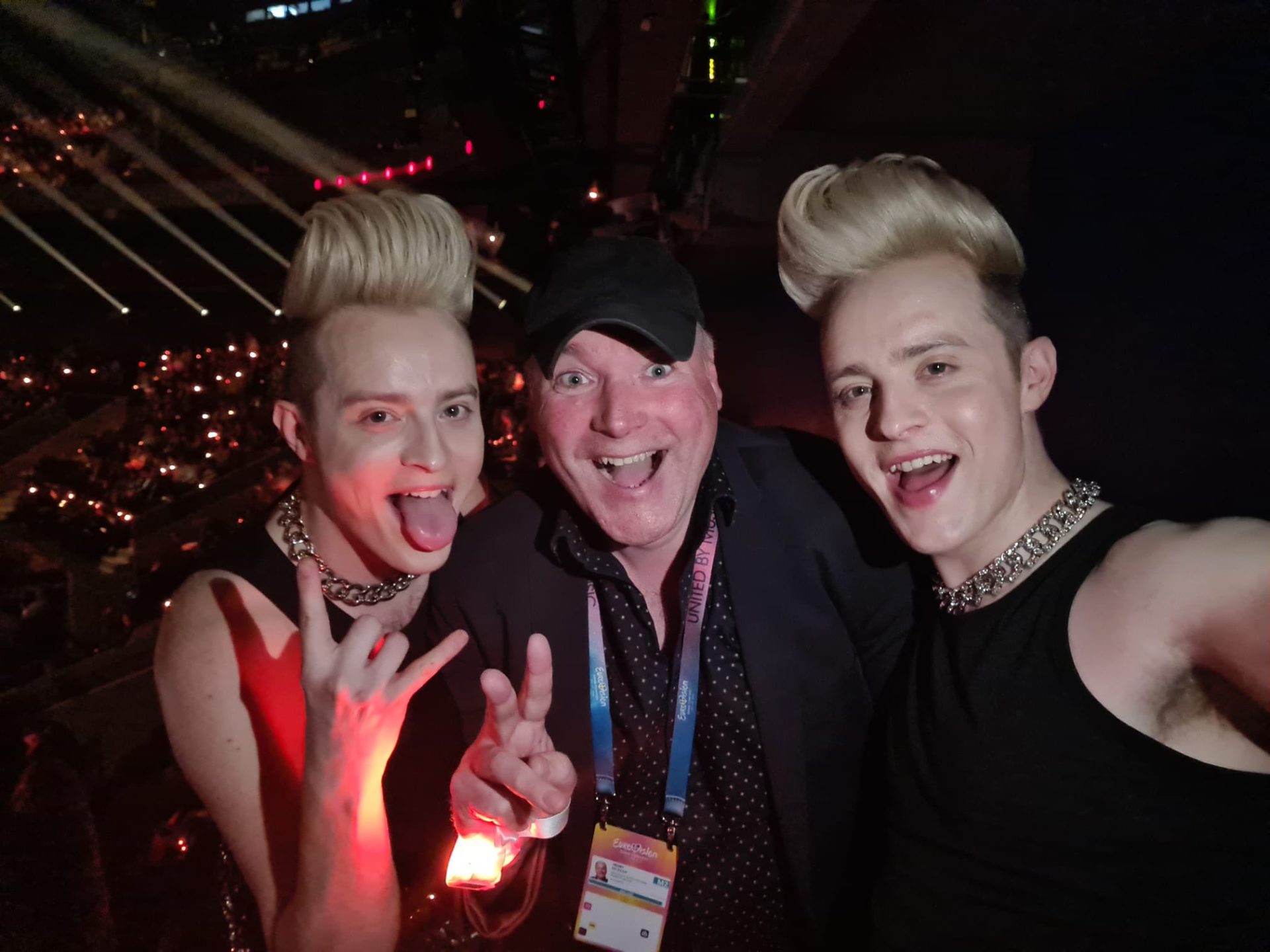 Jedward with Newstalk's Henry McKean at the Eurovision Second Semi-Final in Malmo, Sweden10-5-24