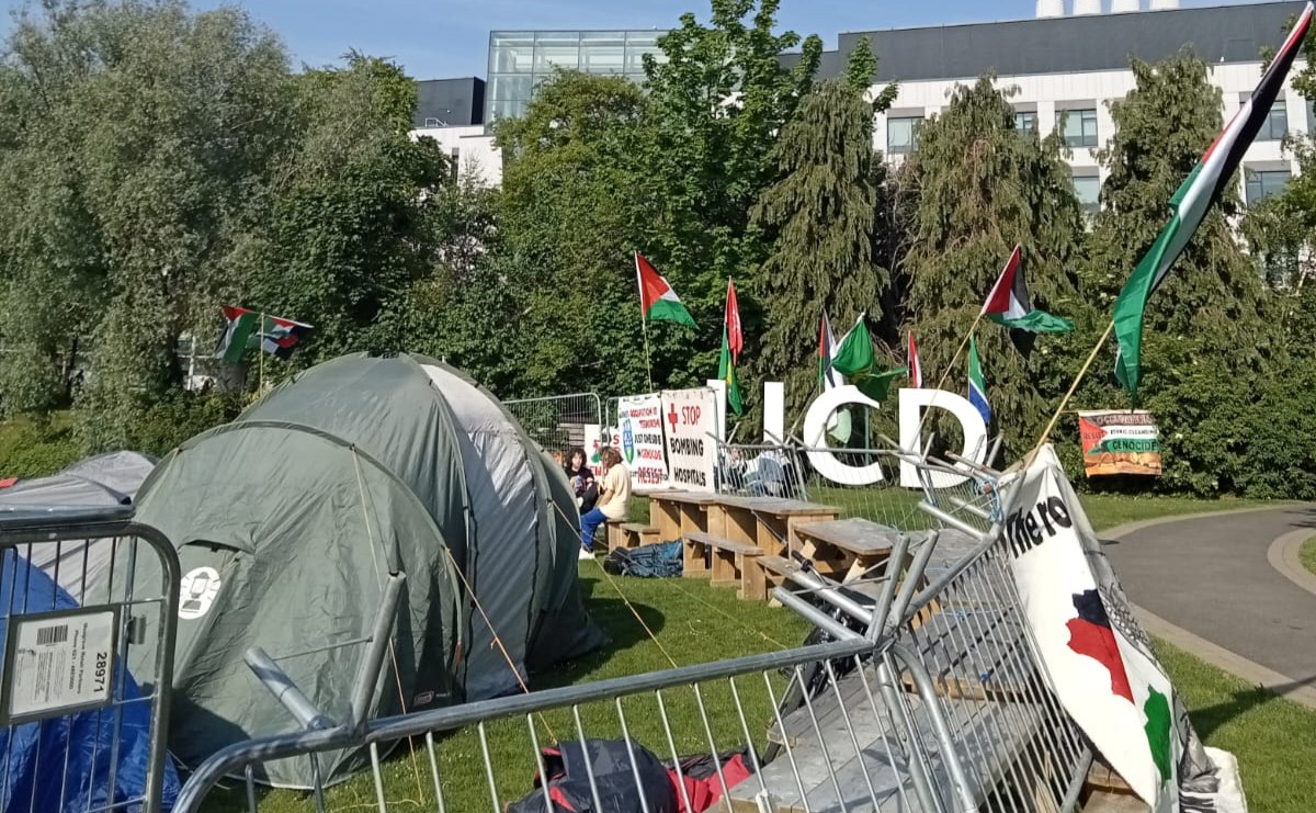 Encampment at UCD calling on the college to cut ties with Israeli institutions. Image: Sheila Naughton/Newstalk