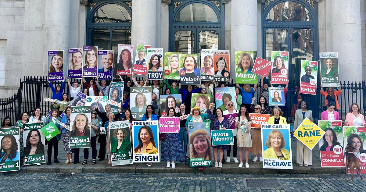 55 of the 655 women running in local elections at City Hall in Dublin celebrating gender equality, 19/05/2024. Image: Flor McCarthy.