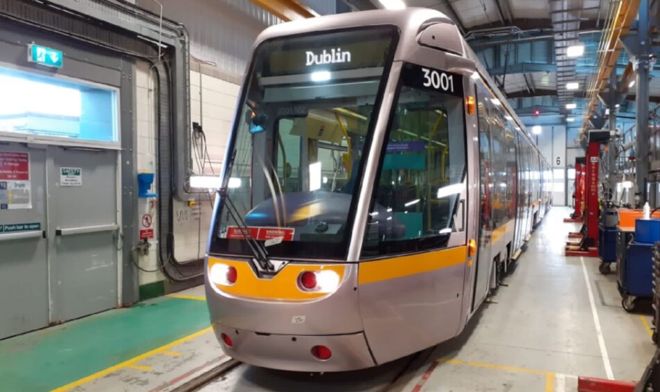 A Luas tram undergoing repairs.