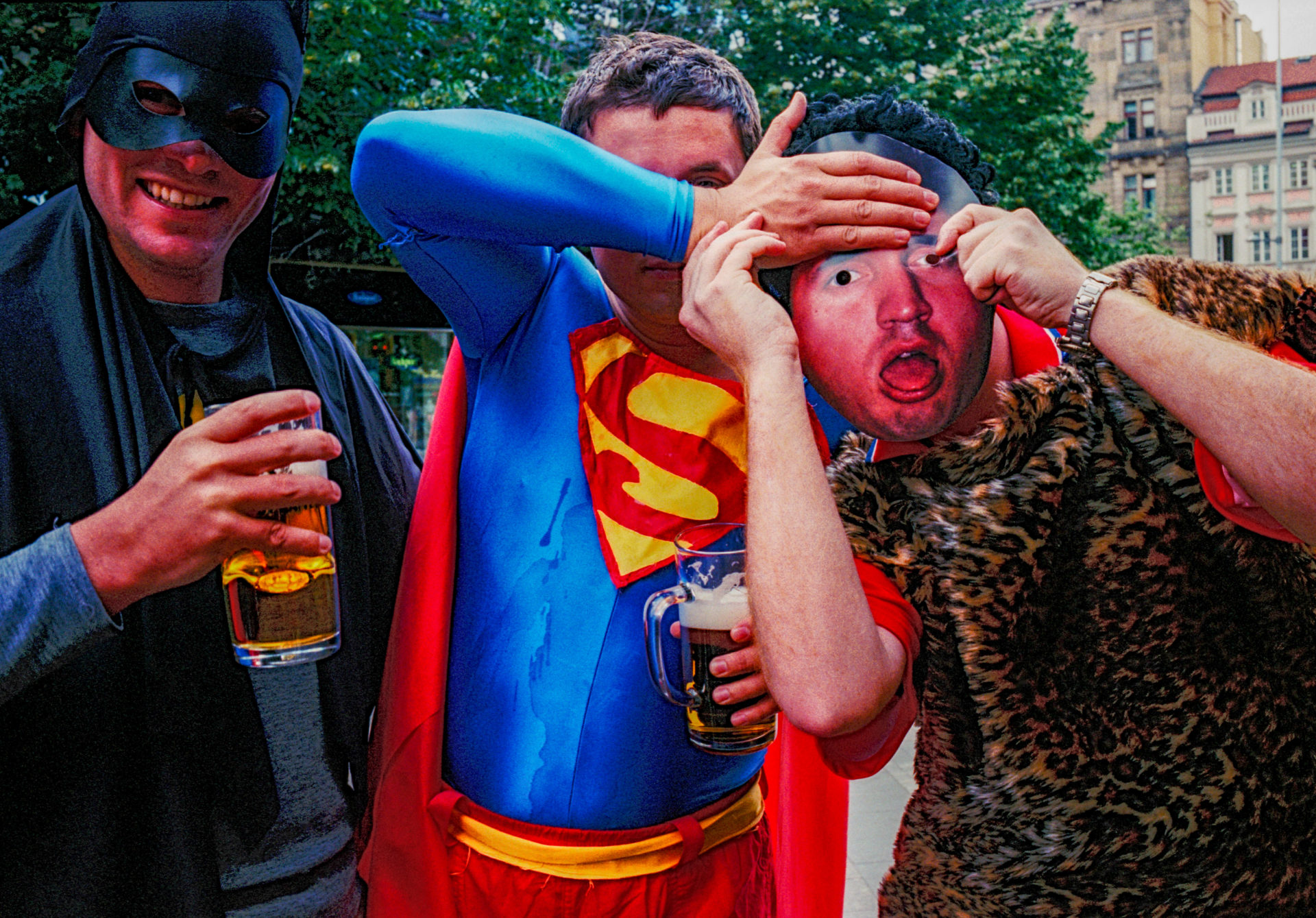 Men in costumes for a stag party. Image: Cum Okolo / Alamy Stock Photo 