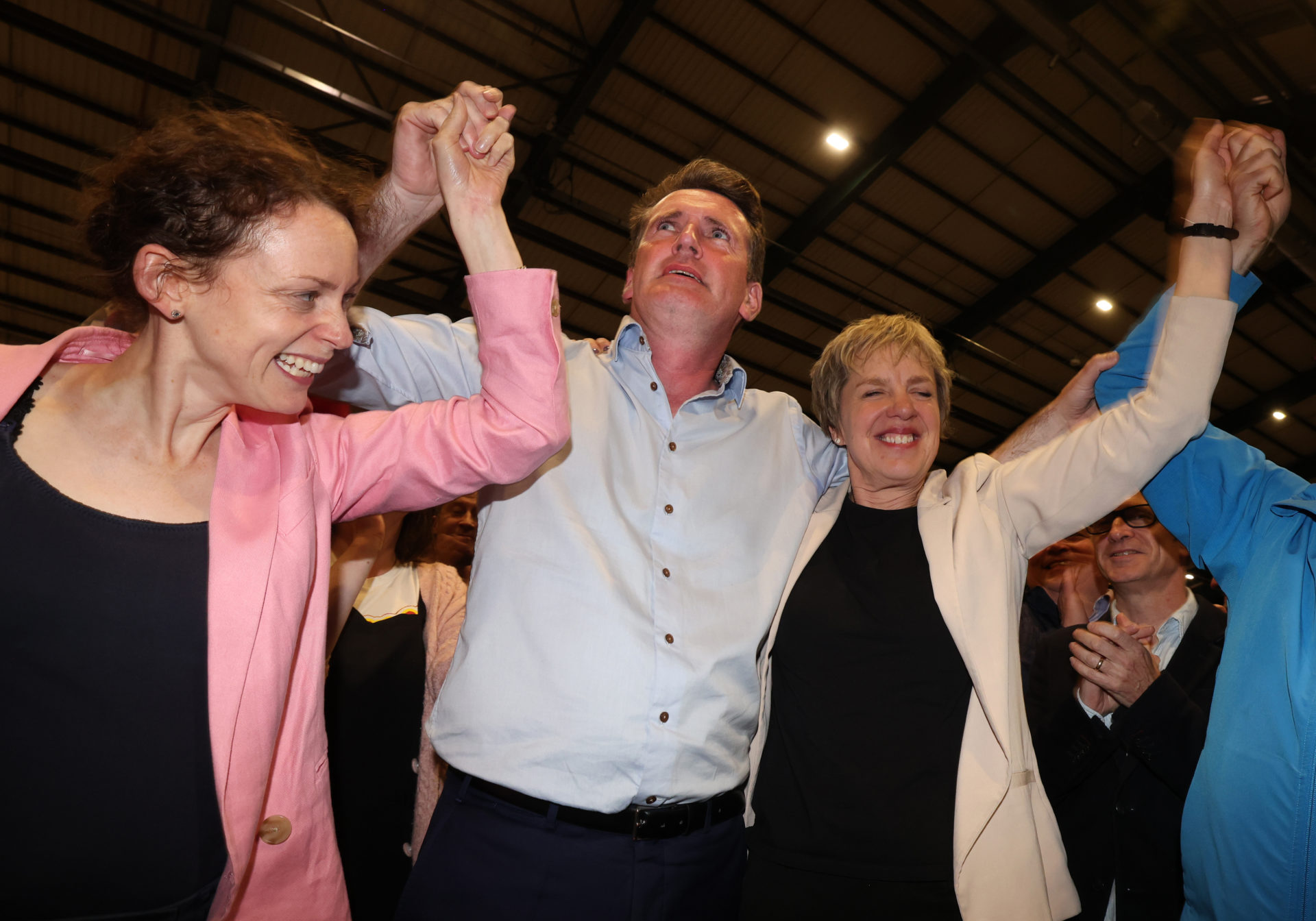 Labour's Aodhán Ó Ríordáin (centre) celebrates after winning a seat during results for the European elections at the RDS count centre in Dublin, 11-6-24.