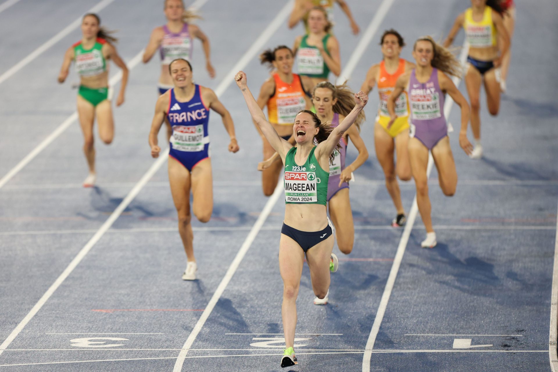 Ciara Mageean, of Ireland celebrates after winning the gold medal in the women's 1500 meters final at the European Athletics Championships in Rome, Sunday, June 9, 2024. Image: AP Photo/Alessandra Tarantino