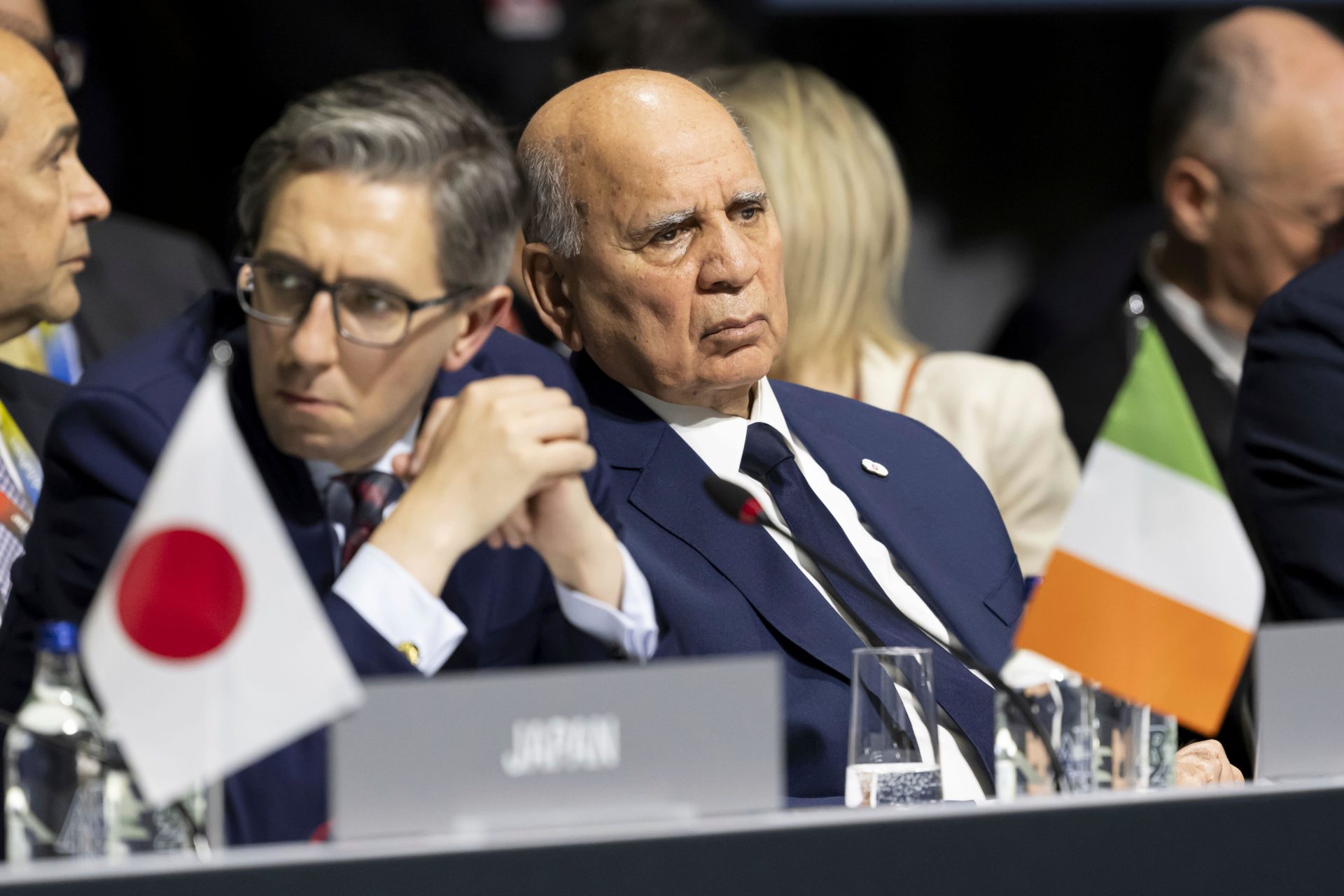 Simon Harris and Deputy Prime Minister Fuad Hussein of Iraq attend the opening plenary session of the Summit on Peace in Ukraine, in Obburgen, Switzerland, Saturday June 15, 2024. Image: Urs Flueeler/Keystone via AP