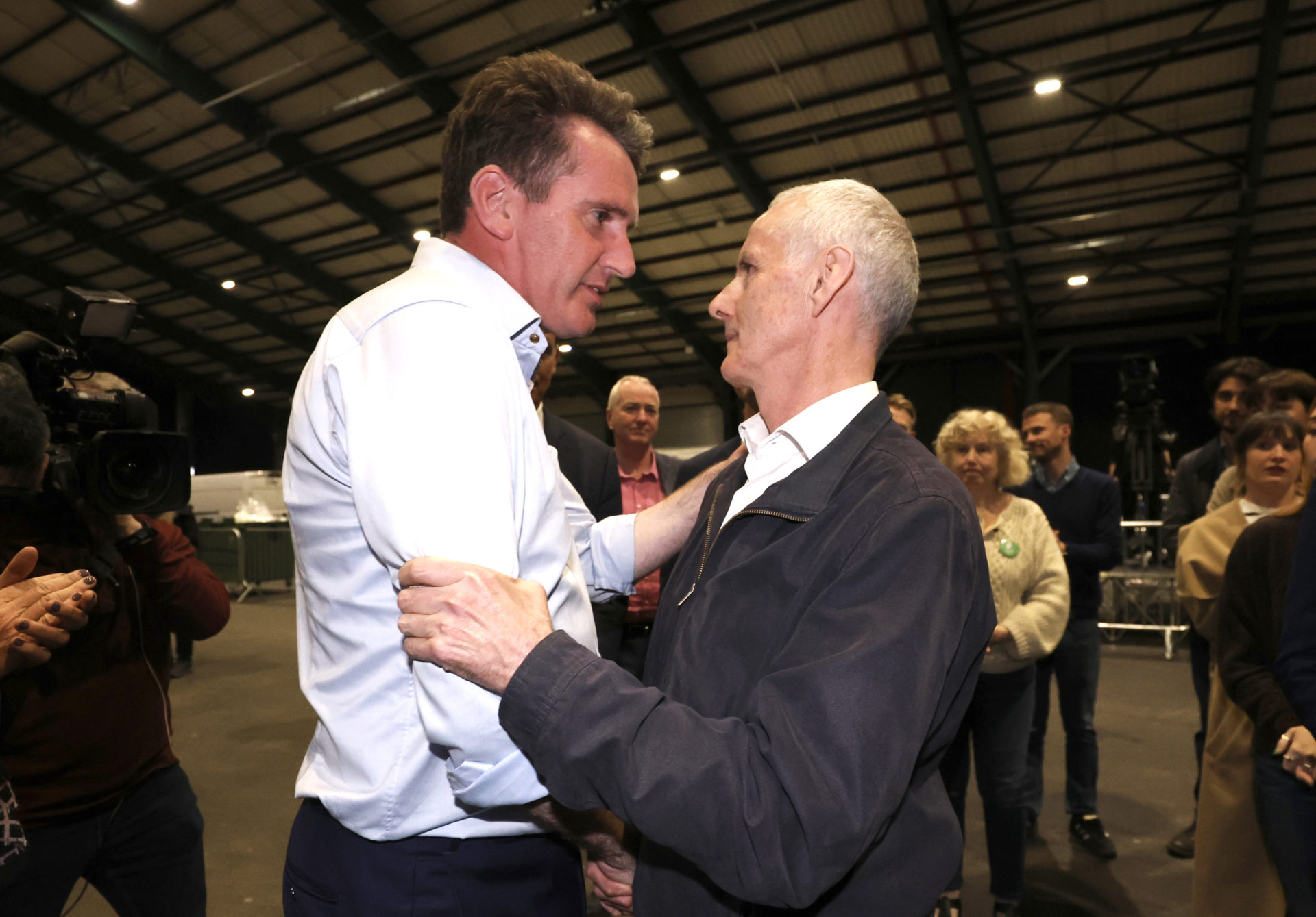 Green Party MEP Ciaran Cuffe talks to Labour Party Aodhan O'Riordan after losing his seat during results for the European elections in the RDS Dublin. Photo: Leah Farrell/© RollingNews.ie