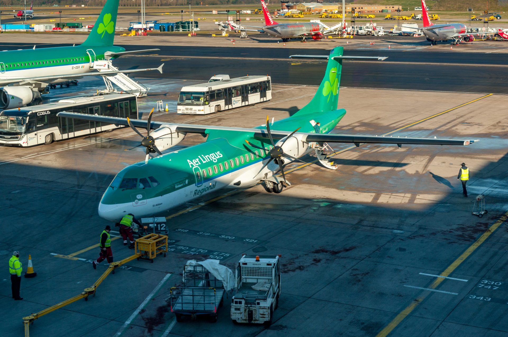 An Aer Lingus ATR 72-600 propeller aircraft on the apron at Birmingham Airport