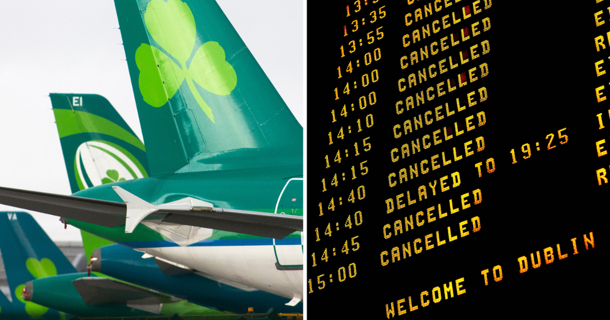 A splitscreen showing Aer Lingus planes and a departures board filled with cancelled flights.