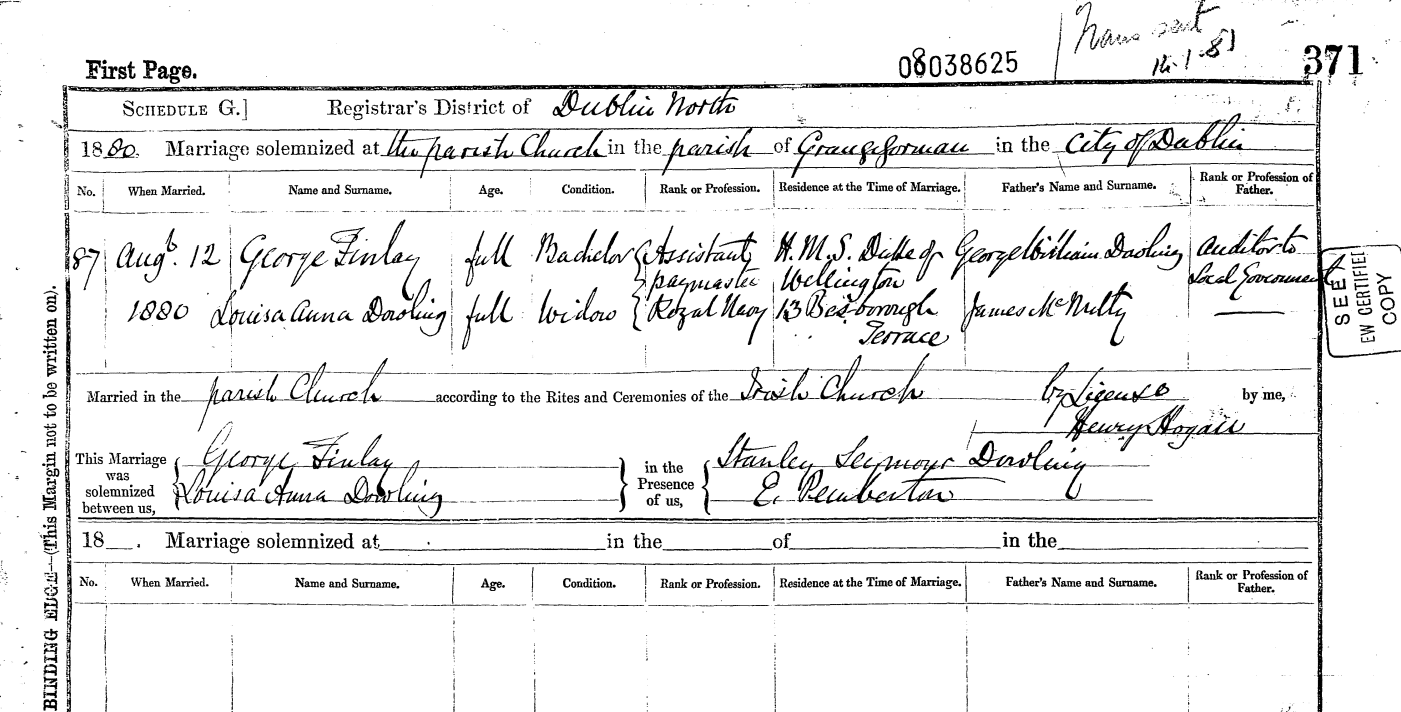 The marriage certificate of Taylor Swift's great-great-grandparents George Finlay and Louisa Anna Dowling in 1800. 