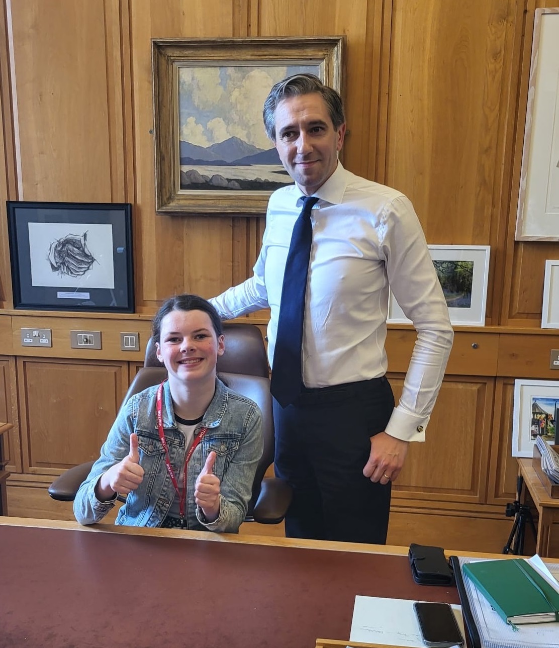 13-year-old Cara Darmody with Taoiseach Simon Harris in his office at Government Buildings, 20-6-24