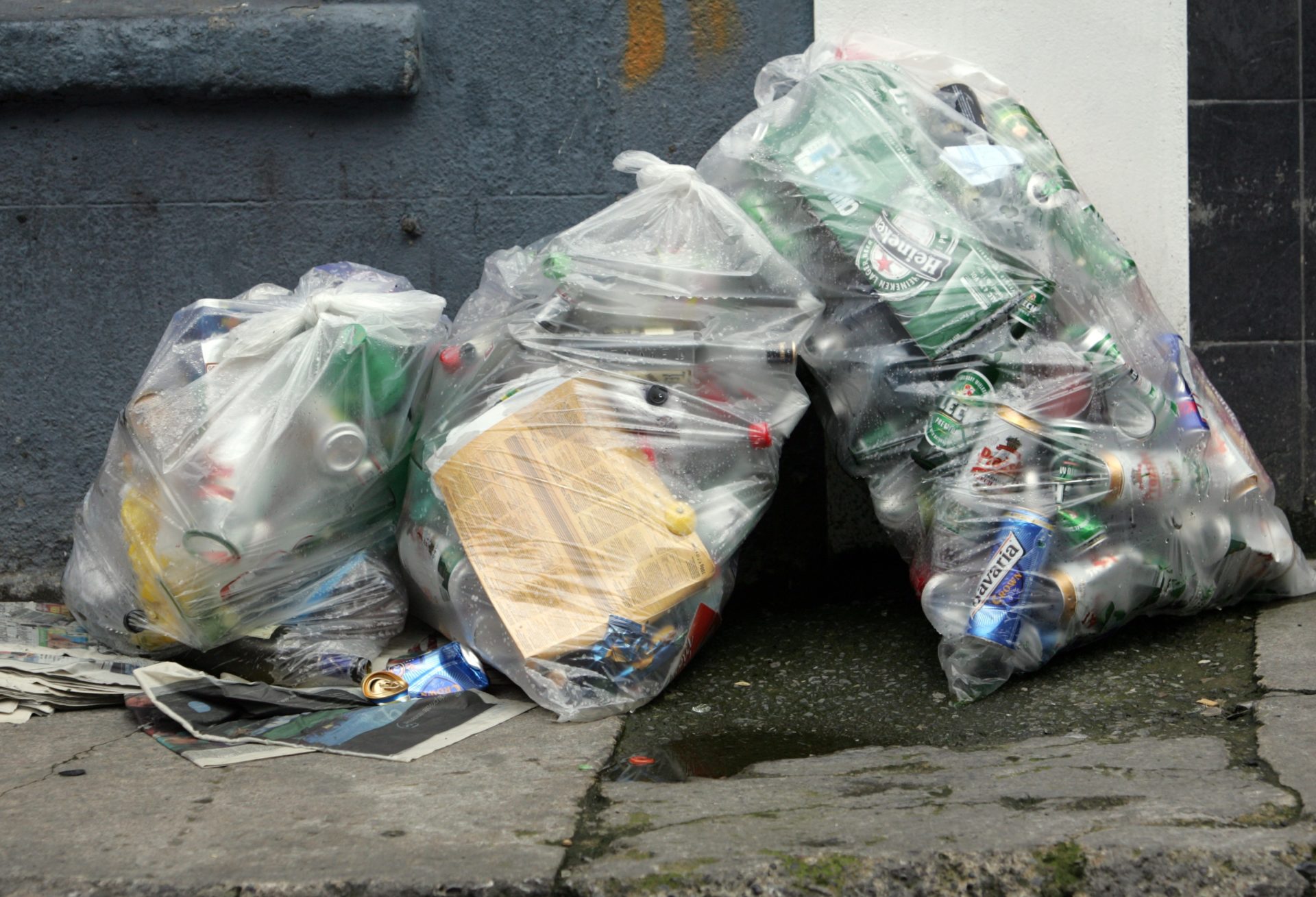 Plastic bags full of litter on the North Lotts in Dublin, 23-7-07.