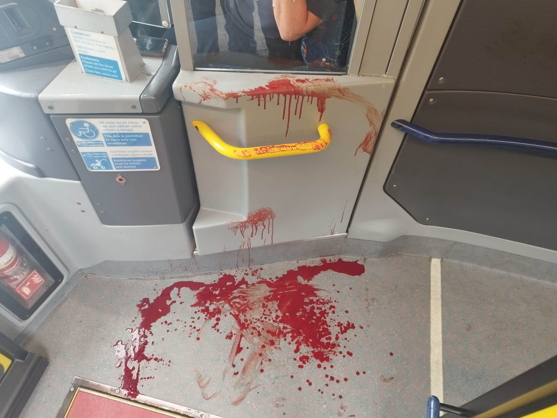 Blood stains outside the driver’s cabin of a Dublin Bus following a serious assault on passenger near Blanchardstown