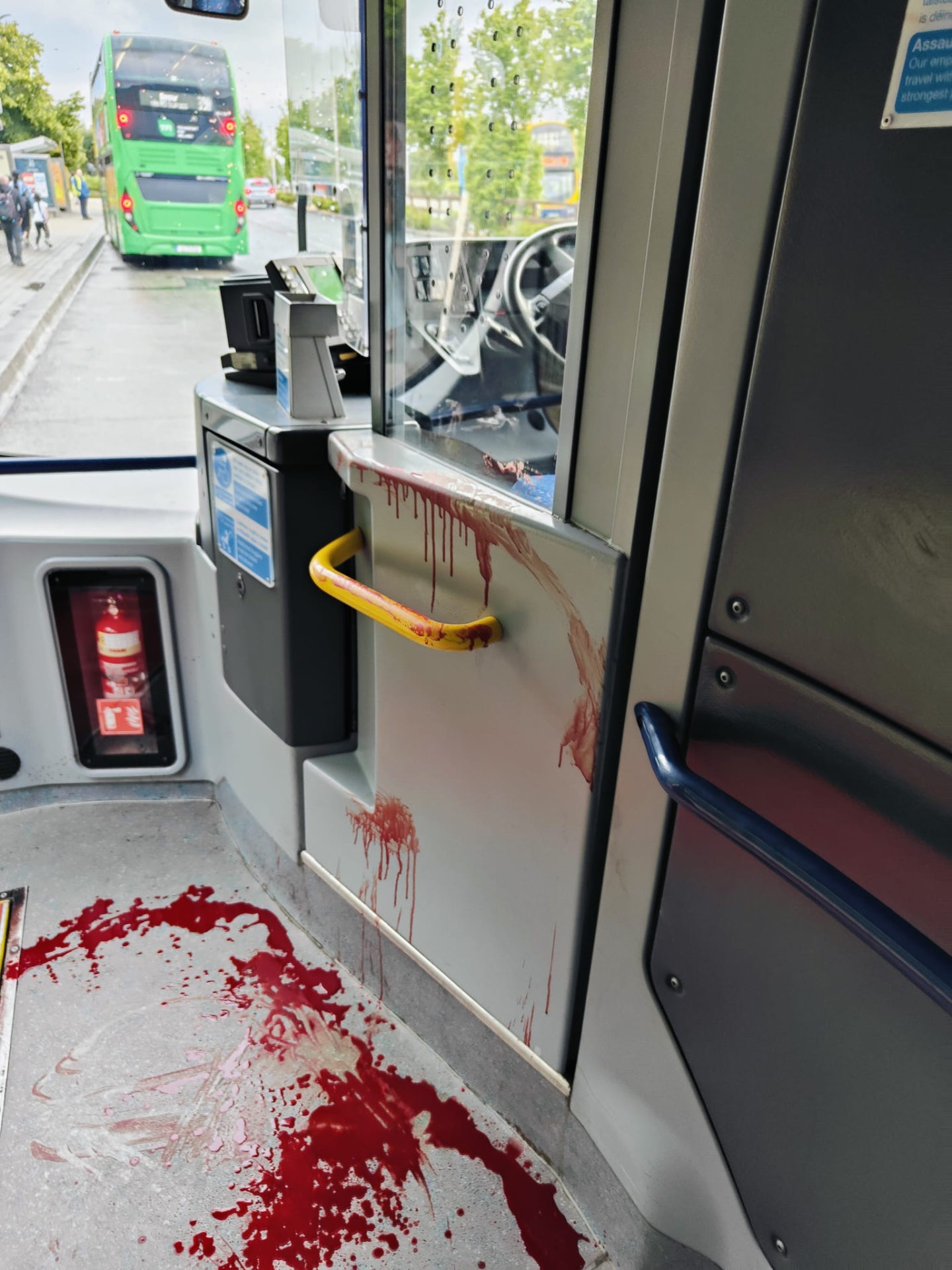 Blood stains outside the driver’s cabin of a Dublin Bus following a serious assault on passenger near Blanchardstown
