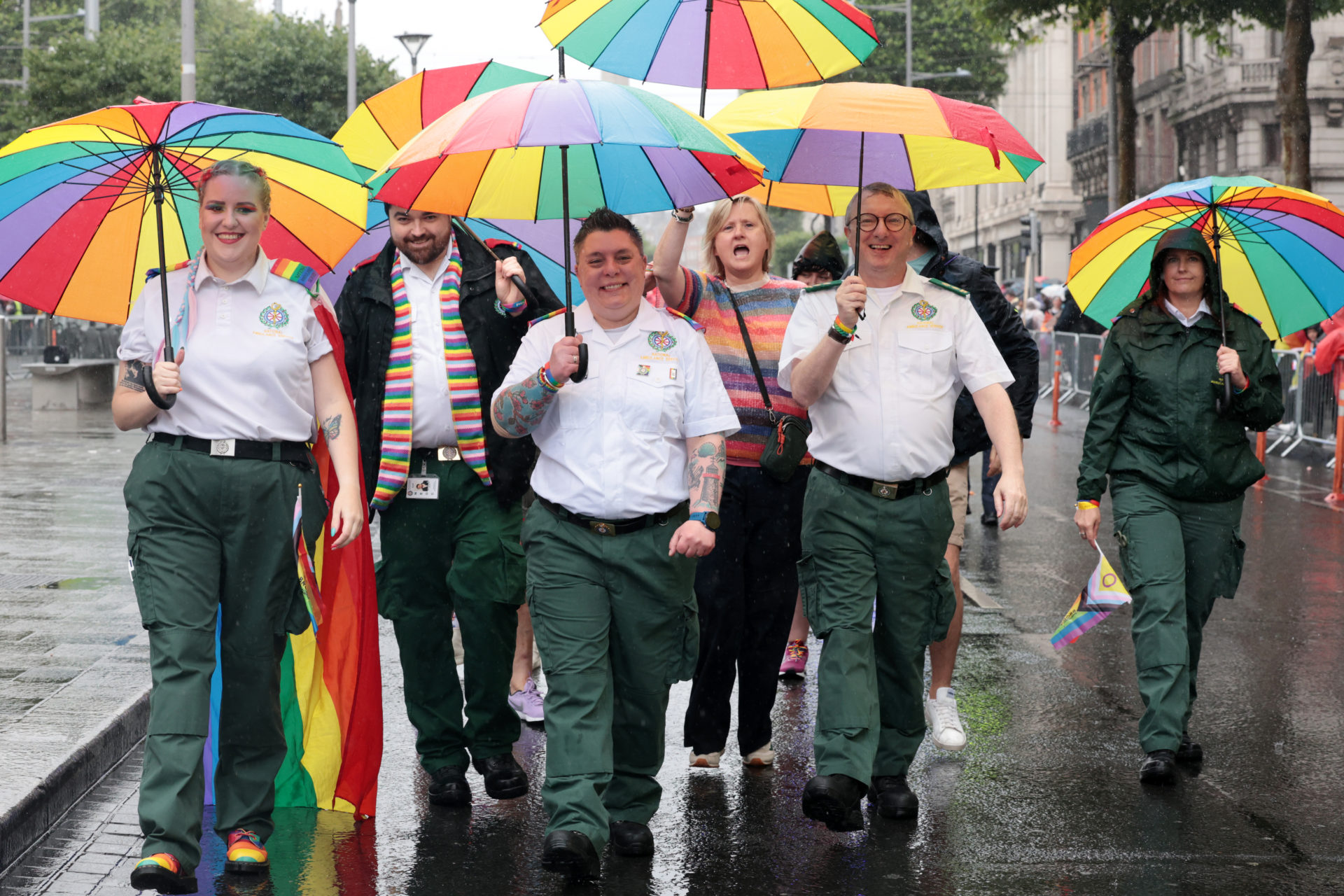 Members of the Reach Out Network, the HSE's national staff network for Lesbian, Gay, Bisexual, Transgender, Queer, Intersex and Asexual (LGBTQIA+) staff and allies took part in Dublin's annual Pride parade, 29/06/2024. Photo Leah Farrell/Photocall ireland.