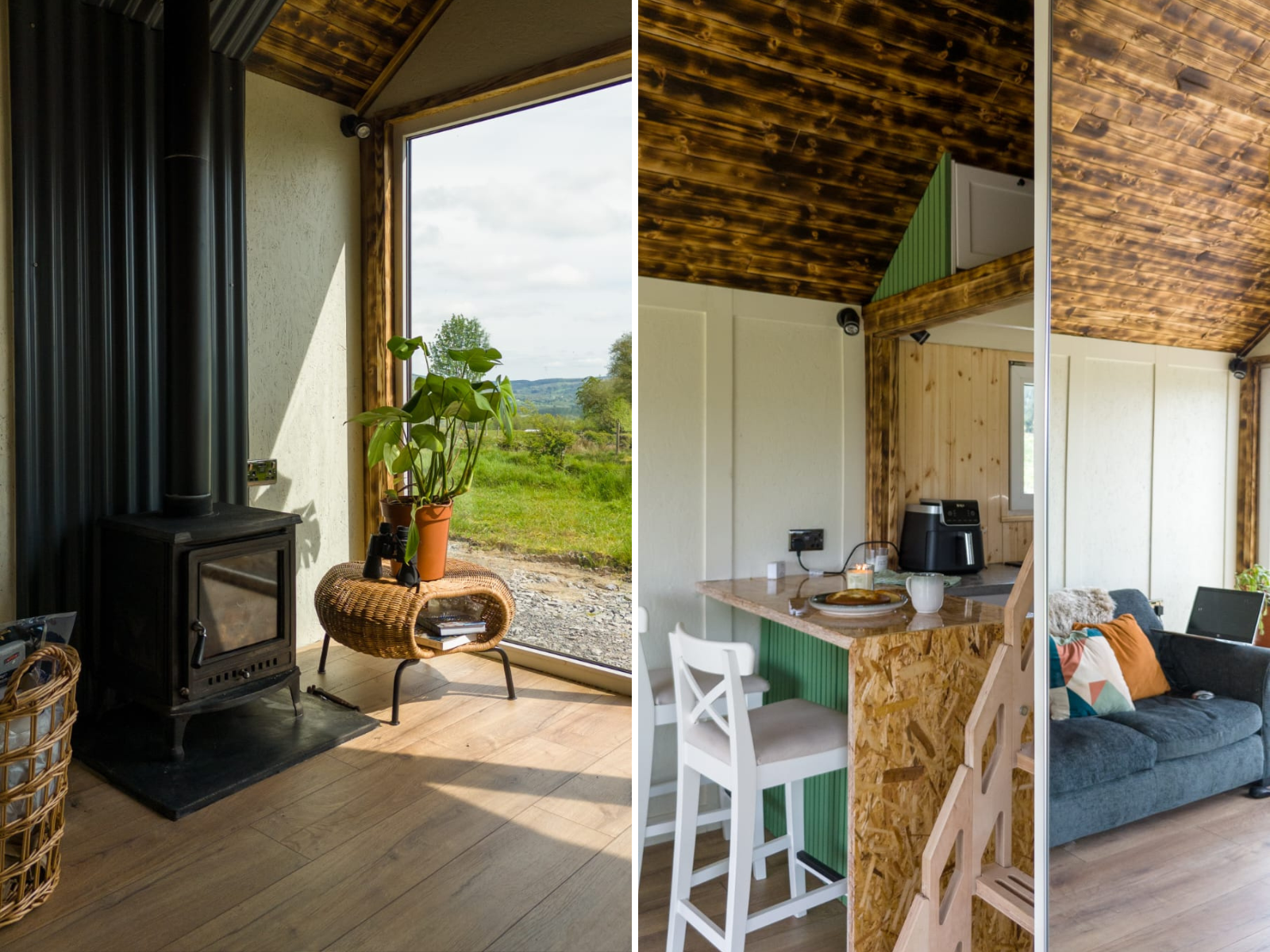 Splitscreen of the interior of Emma O'Hagan's tiny home.