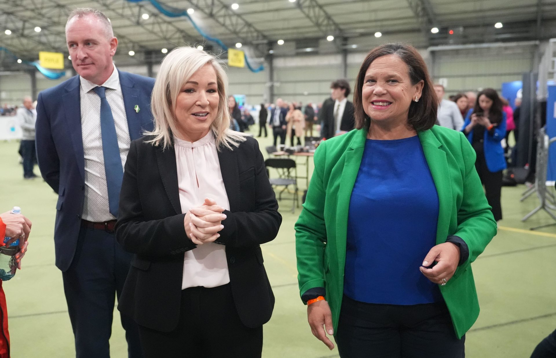 Sinn Féin leaders Michelle O'Neill and Mary Lou McDonnald arrive at Meadowbank Sports Arena, Magherafelt, during the count for the 2024 General Election.