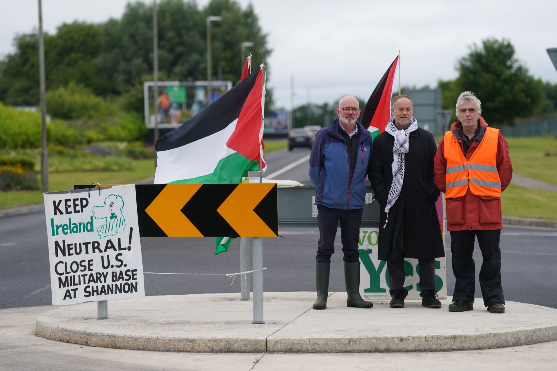 Protesters at the entrance to Shannon Airport, Co Clare, ahead of the arrival of Ukrainian President Volodymyr Zelensky for a bilateral meeting with Taoiseach Simon Harris. Picture date: Saturday July 13, 2024.