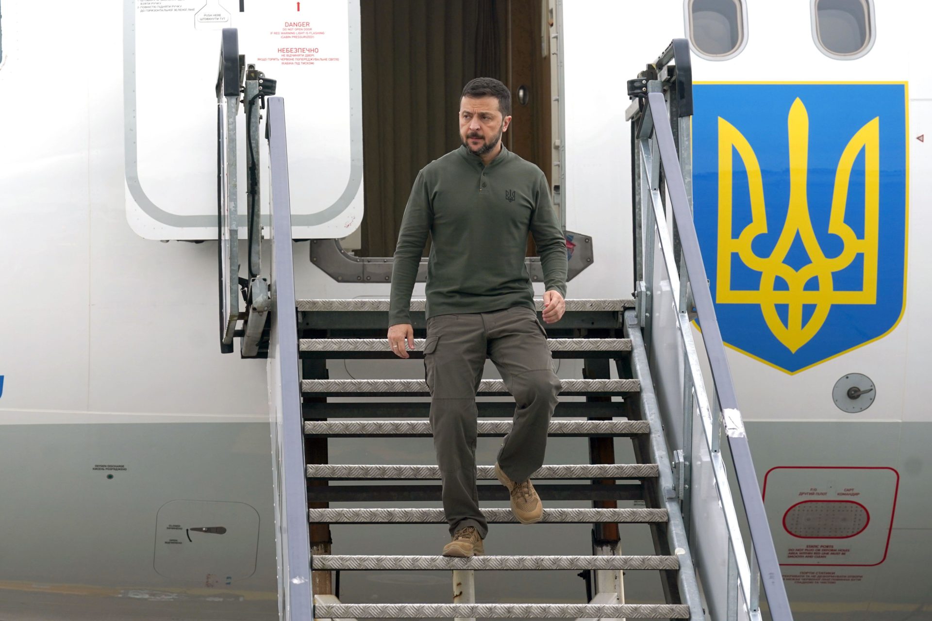 Ukrainian President Volodymyr Zelenskyy arrives at Shannon Airport, Co Clare, for a bilateral meeting with Taoiseach Simon Harris. Picture date: Saturday July 13, 2024.