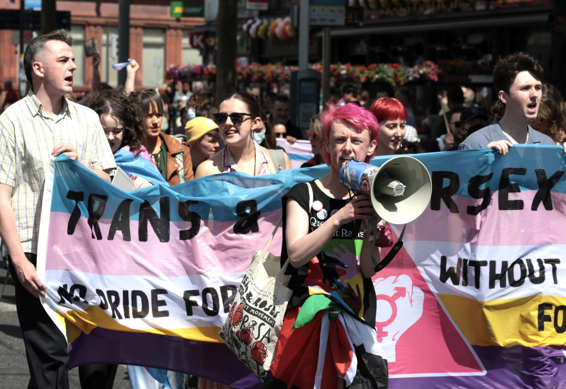 People taking part in the Trans and Intersex Pride protest in Dublin, 13/07/2024. Photo: Leah Farrell/© RollingNews.ie