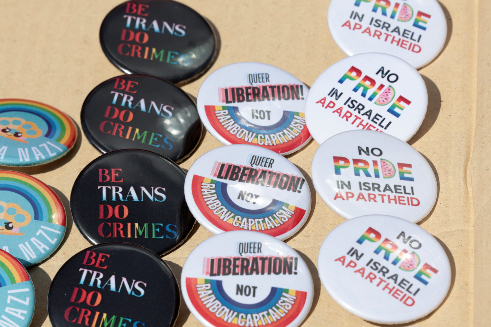 Badges against Israeli apartheid at the Trans and Intersex Pride protest in Dublin. Photo: Leah Farrell/© RollingNews.ie