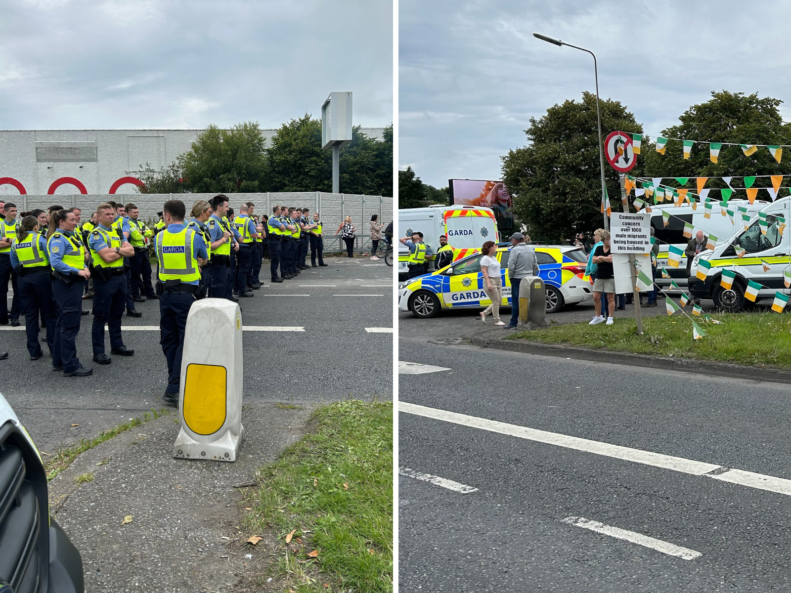 A Splitscreen showing the Garda presence at the Crown Paints site in Coolock.