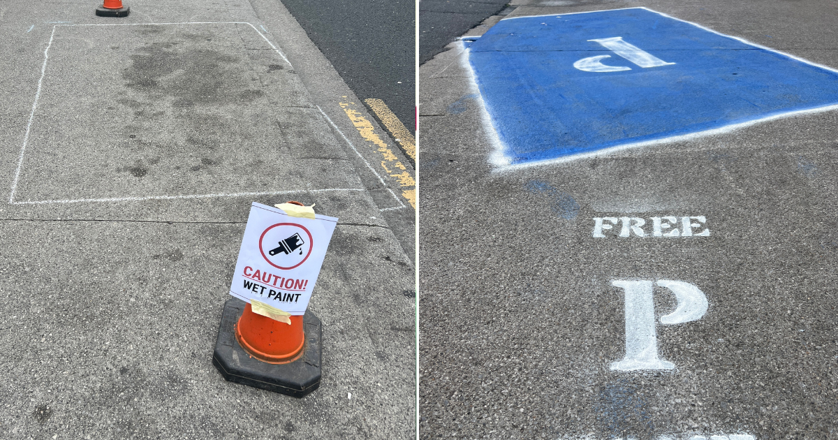 Splitscreen of volunteers painting the fake parking spaces and the completed design on the Phibsborough Road. Image: Peter Collins