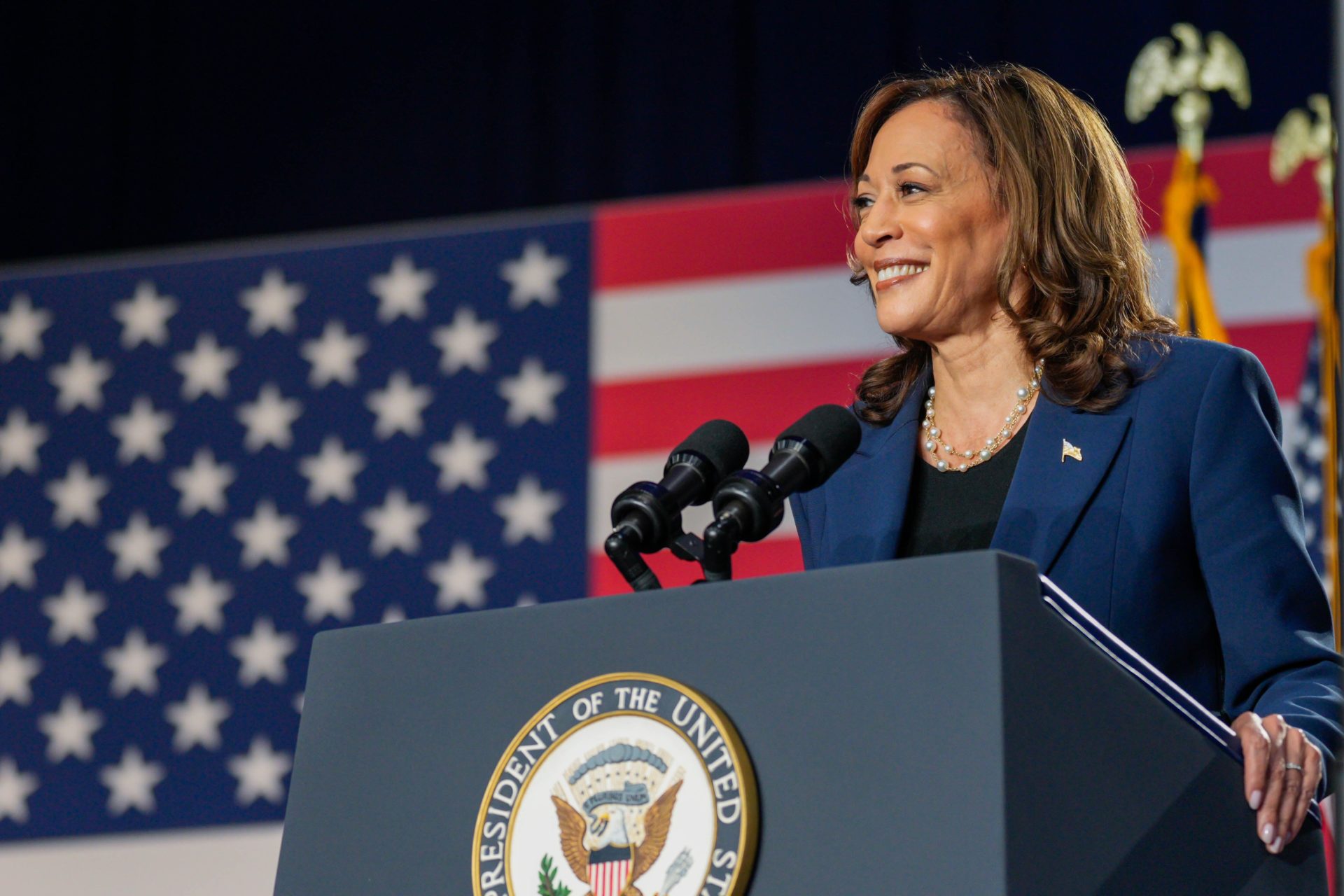 US Vice-President Kamala Harris speaking in Milwaukee, 24-7-24