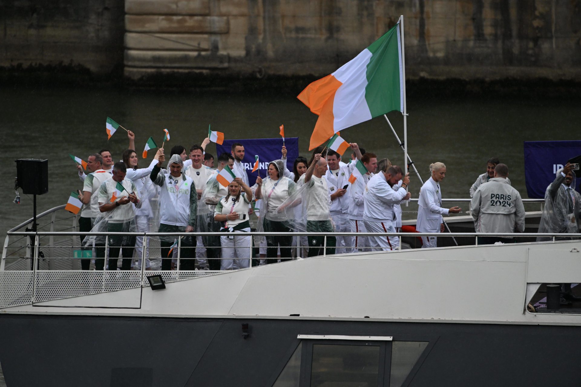 Ireland's team moves down the Seine River in Paris, France, during the opening ceremony of the 2024 Summer Olympics, Friday, July 26, 2024. (AP Photo/Morry Gash, Pool)