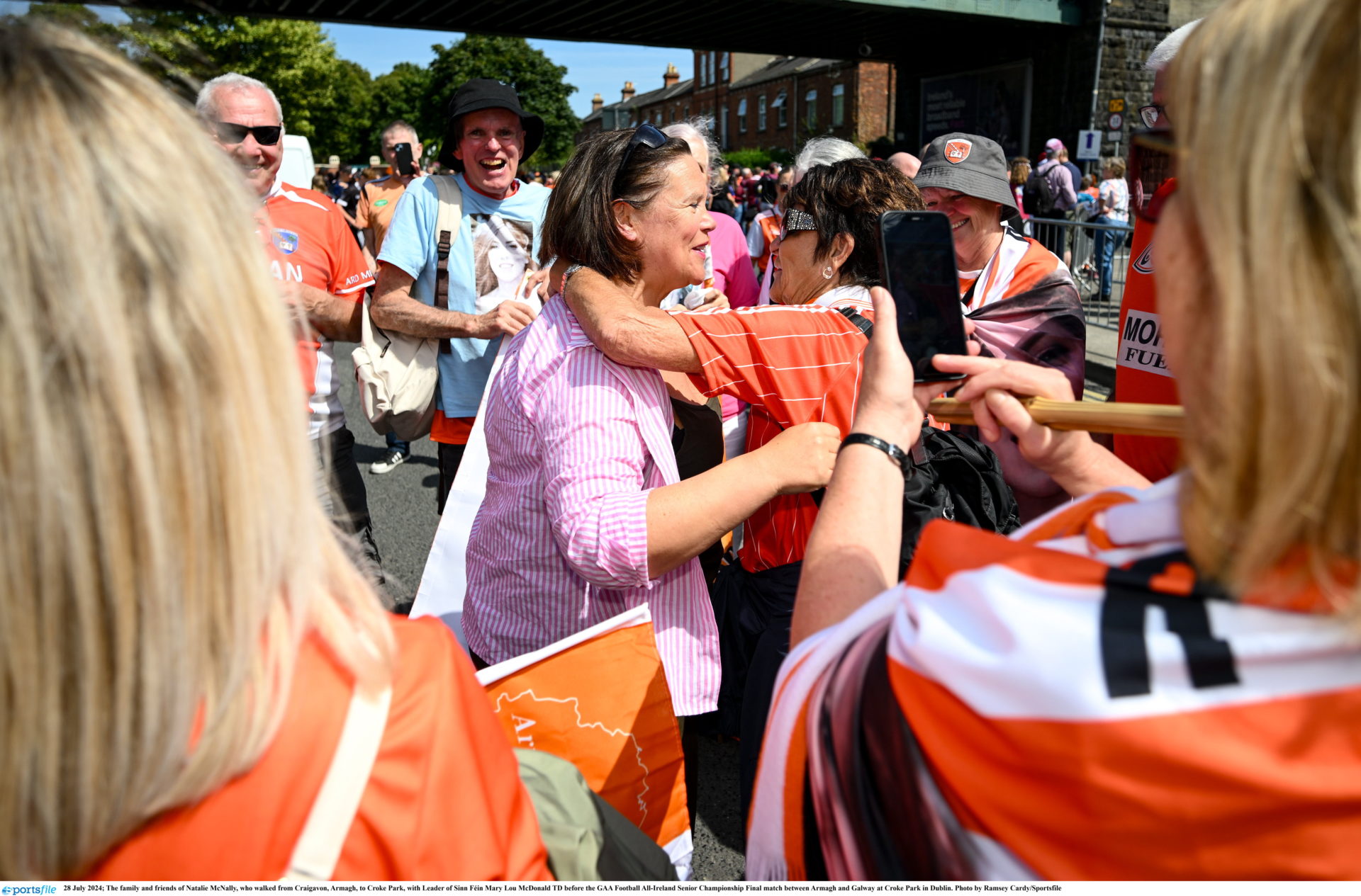 The family and friends of Natalie McNally, who walked from Craigavon, Armagh, to Croke Park, with Leader of Sinn Féin Mary Lou McDonald. Photo by Ramsey Cardy/Sportsfile