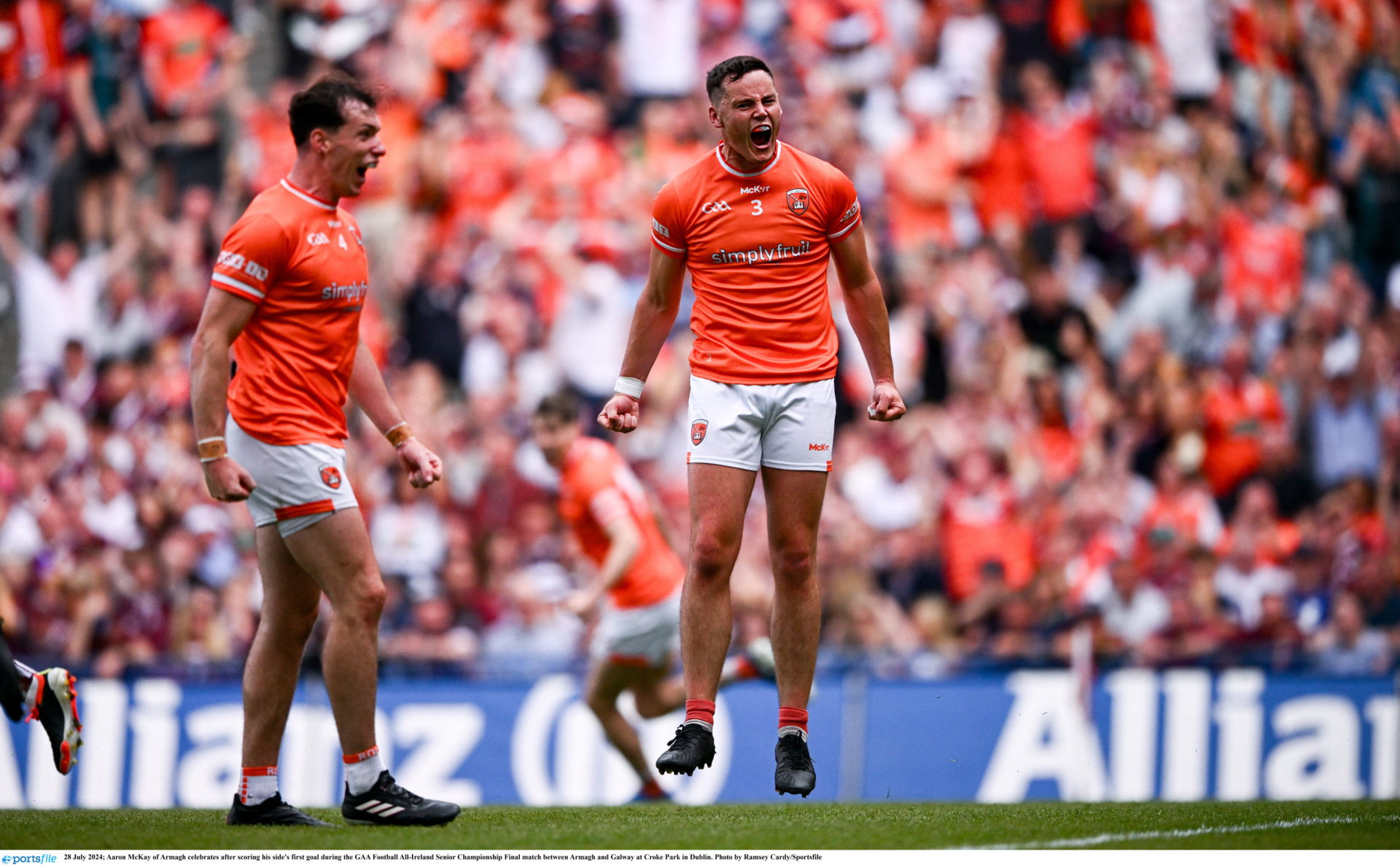 Aaron McKay of Armagh celebrates after scoring his side's first goal during the GAA Football All-Ireland Senior Championship Final match between Armagh and Galway at Croke Park in Dublin. Photo by Ramsey Cardy/Sportsfile