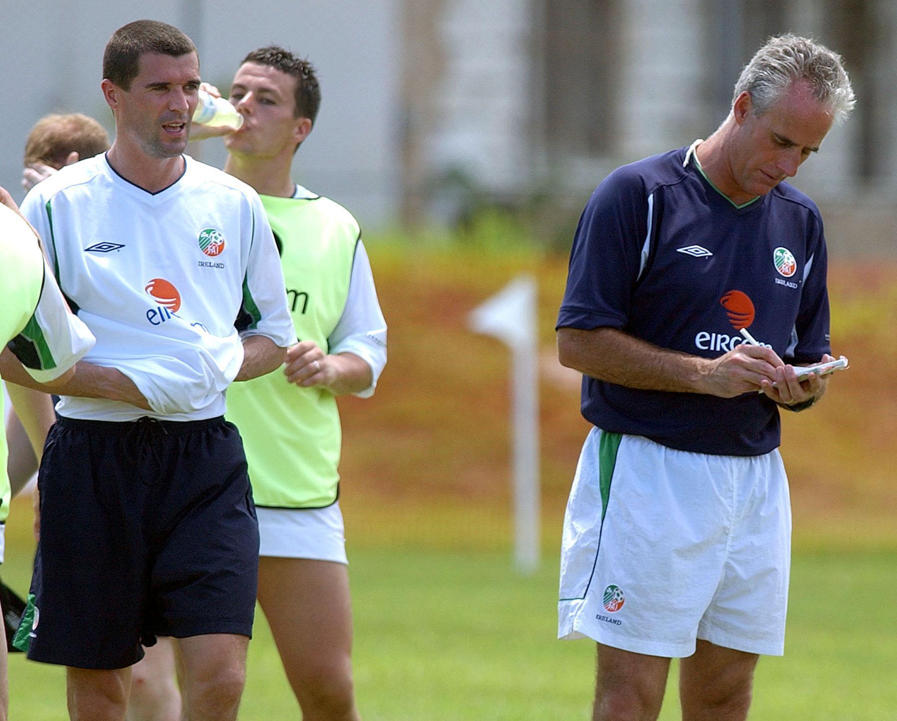 Manager Mick McCarthy (right) and Roy Keane during a World Cup training session with the Irish squad during a Republic of Ireland training session in Saipan, 2002. Image: PA Images / Alamy Stock Photo 