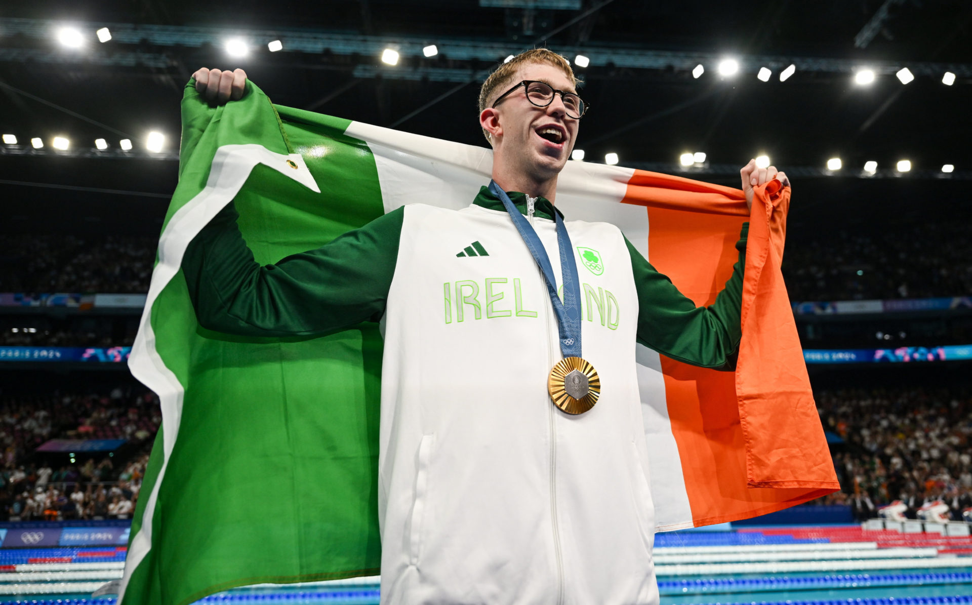 Ireland’s gold medal winning swimmer Daniel Wiffen celebrates at the Paris La Défense Arena