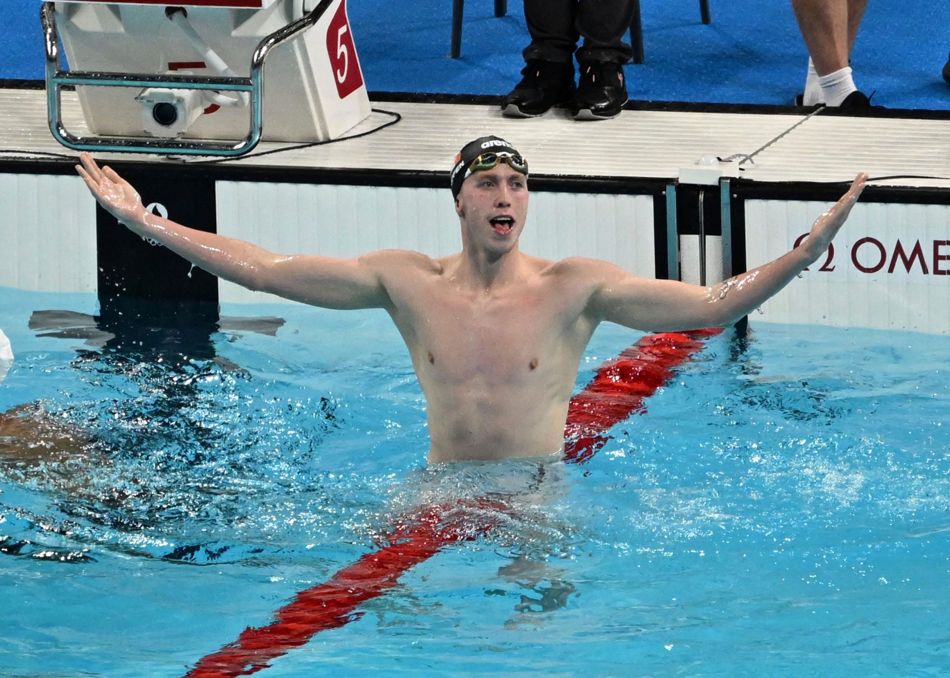 Daniel reacts after winning the men's 800m freestyle relay final by an Olympic Record in the Paris Olympic. Image: Associated Press / Alamy Stock Photo 