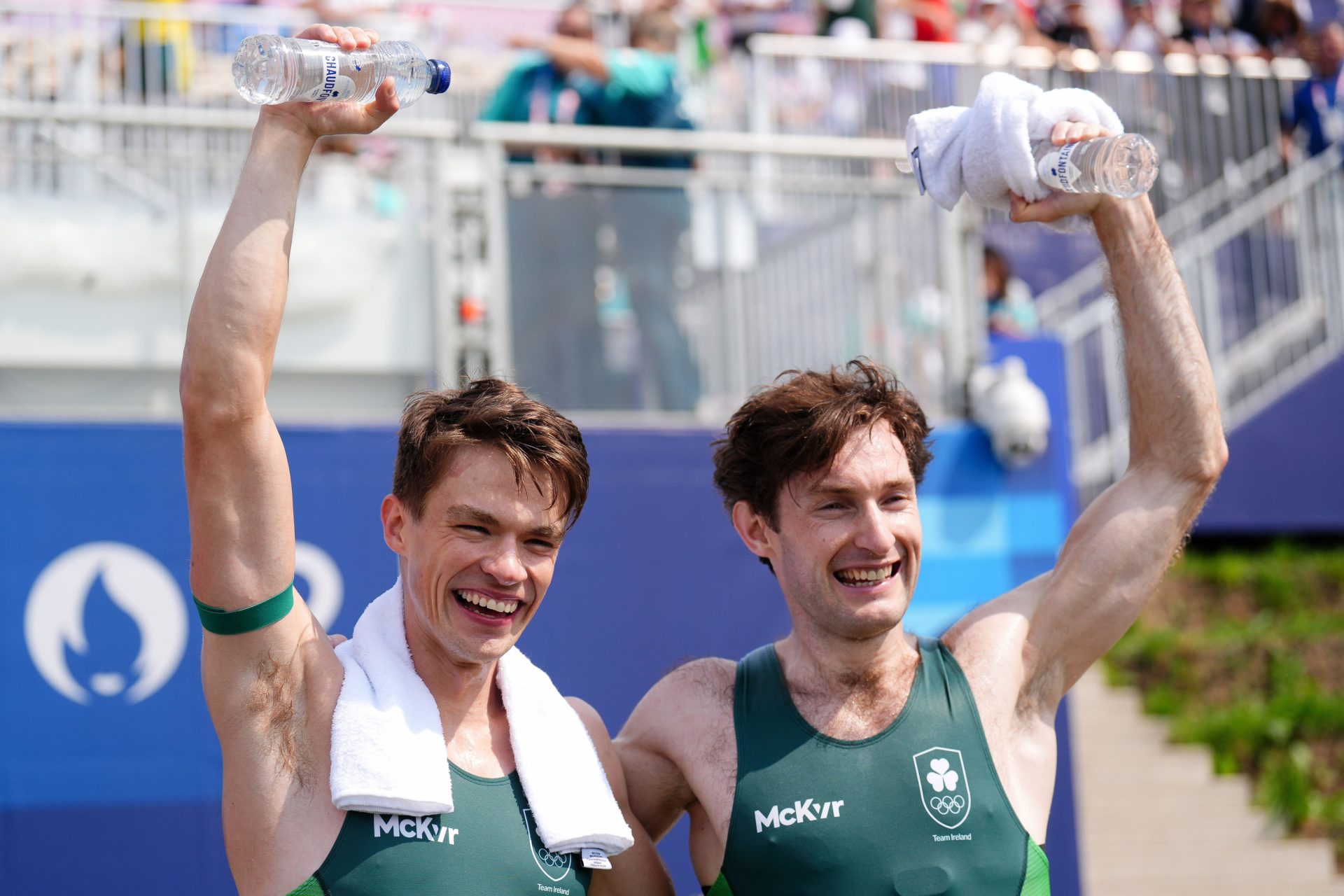 Fintan McCarthy and Paul O'Donovan celebrate winning gold in the Rowing Lightweight Men's Double Sculls, 02/08/2024. Image: PA Images / Alamy Stock Photo