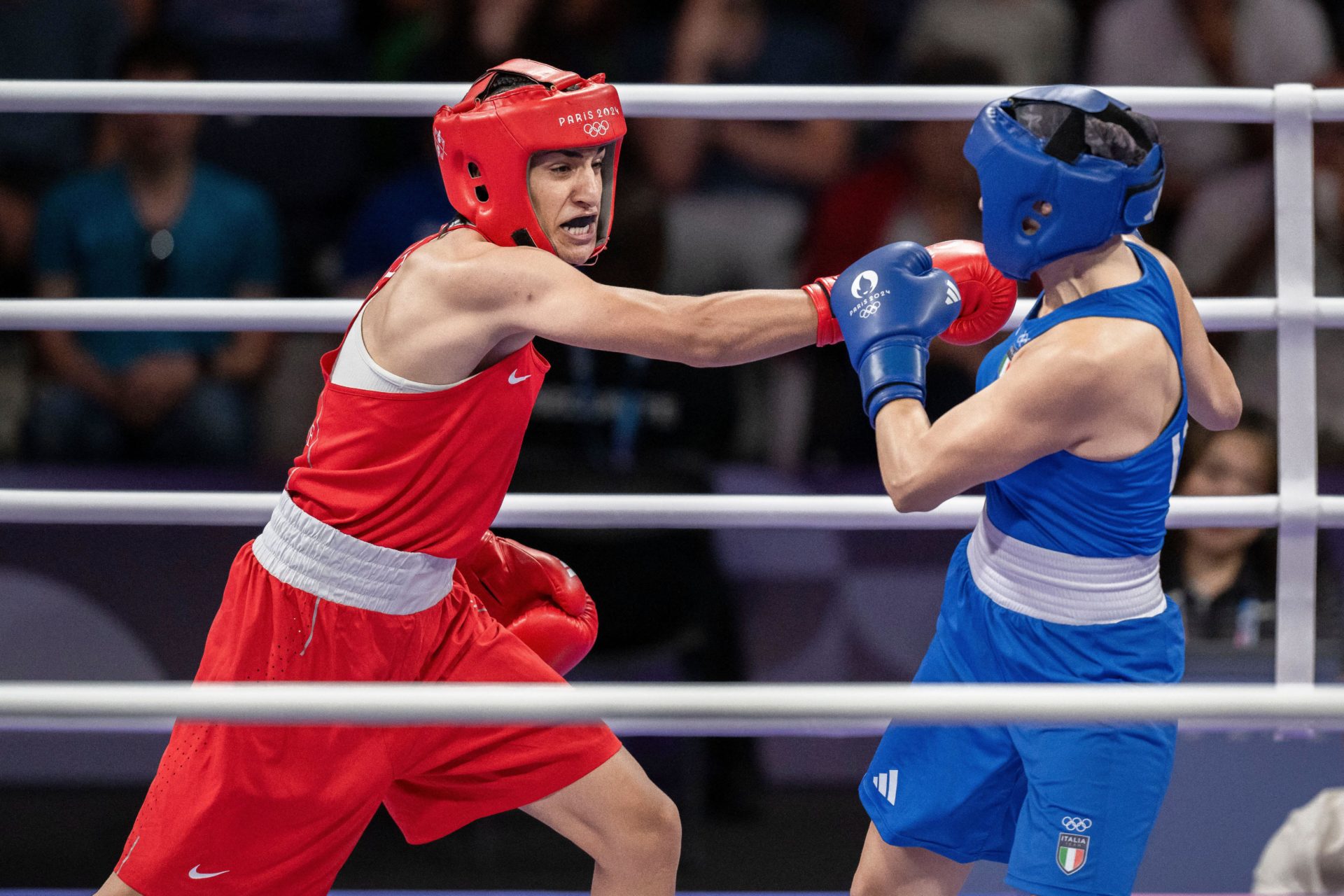 Imane Khelif winning the second round of the women's 66kg Olympics boxing. Image: Abaca Press / Alamy Stock Photo 