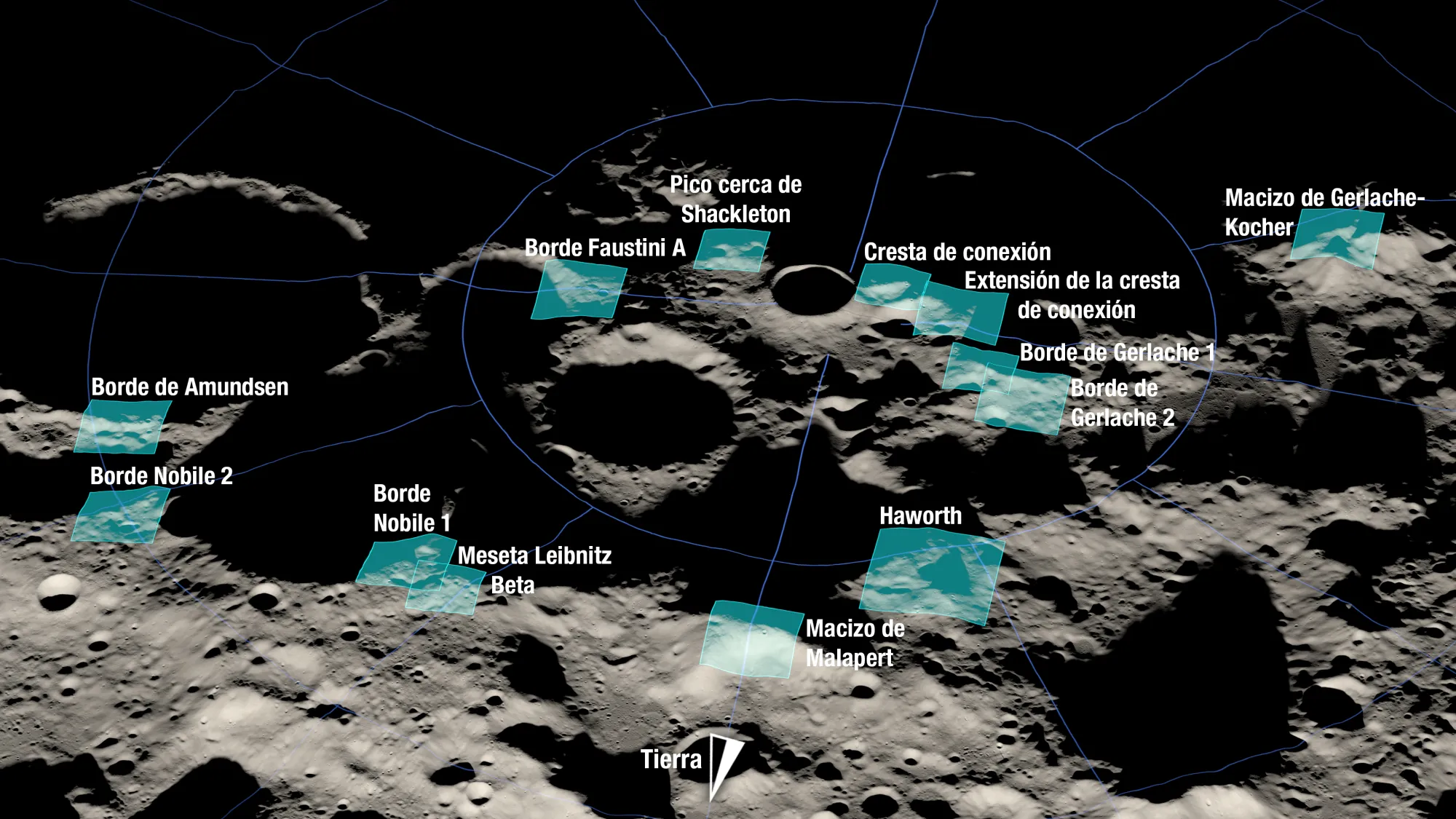  Rendering shows 13 candidate landing regions for the Artemis III mission to the Moon. 