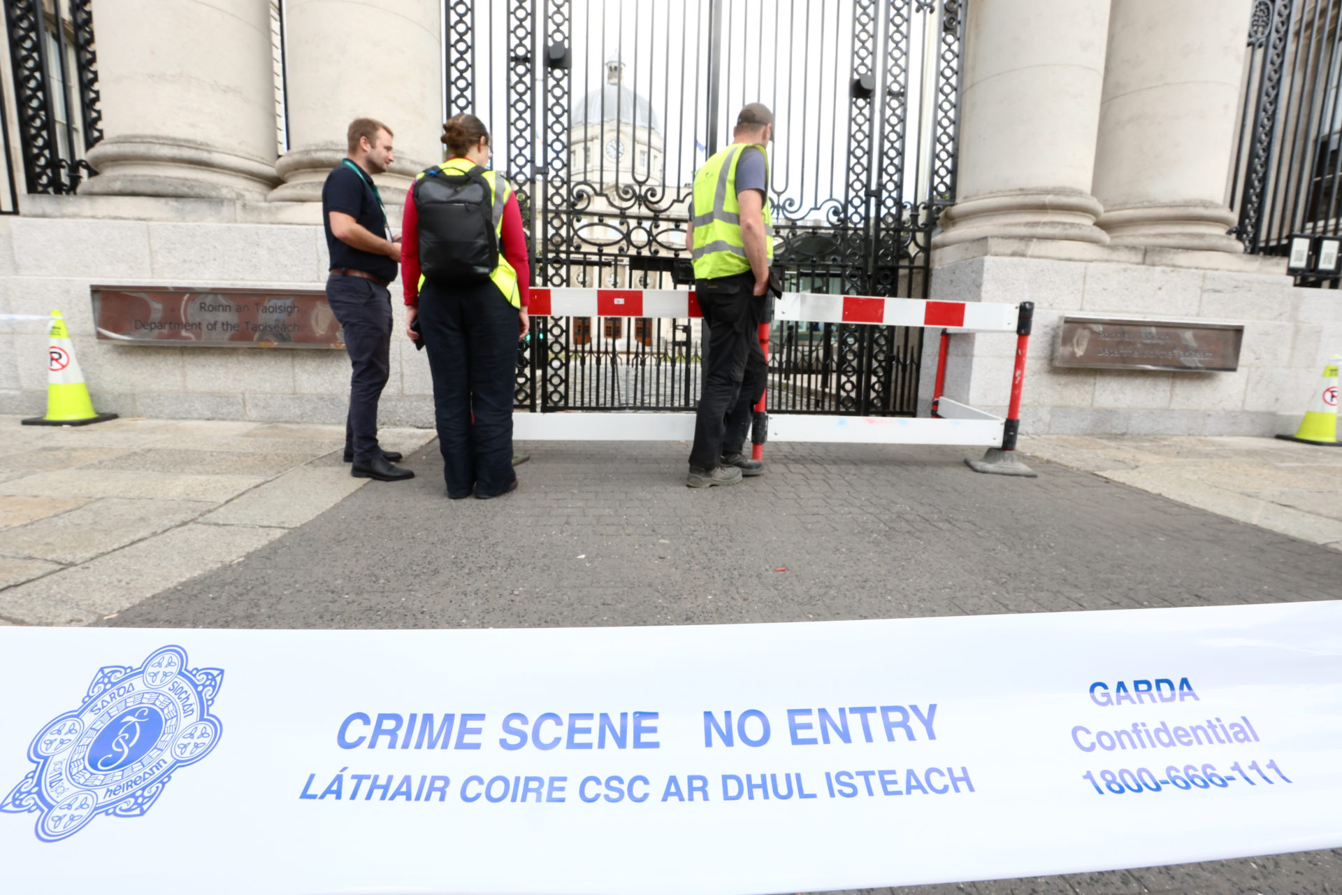 Damage to a gate outside Government Buildings in Dublin city centre,