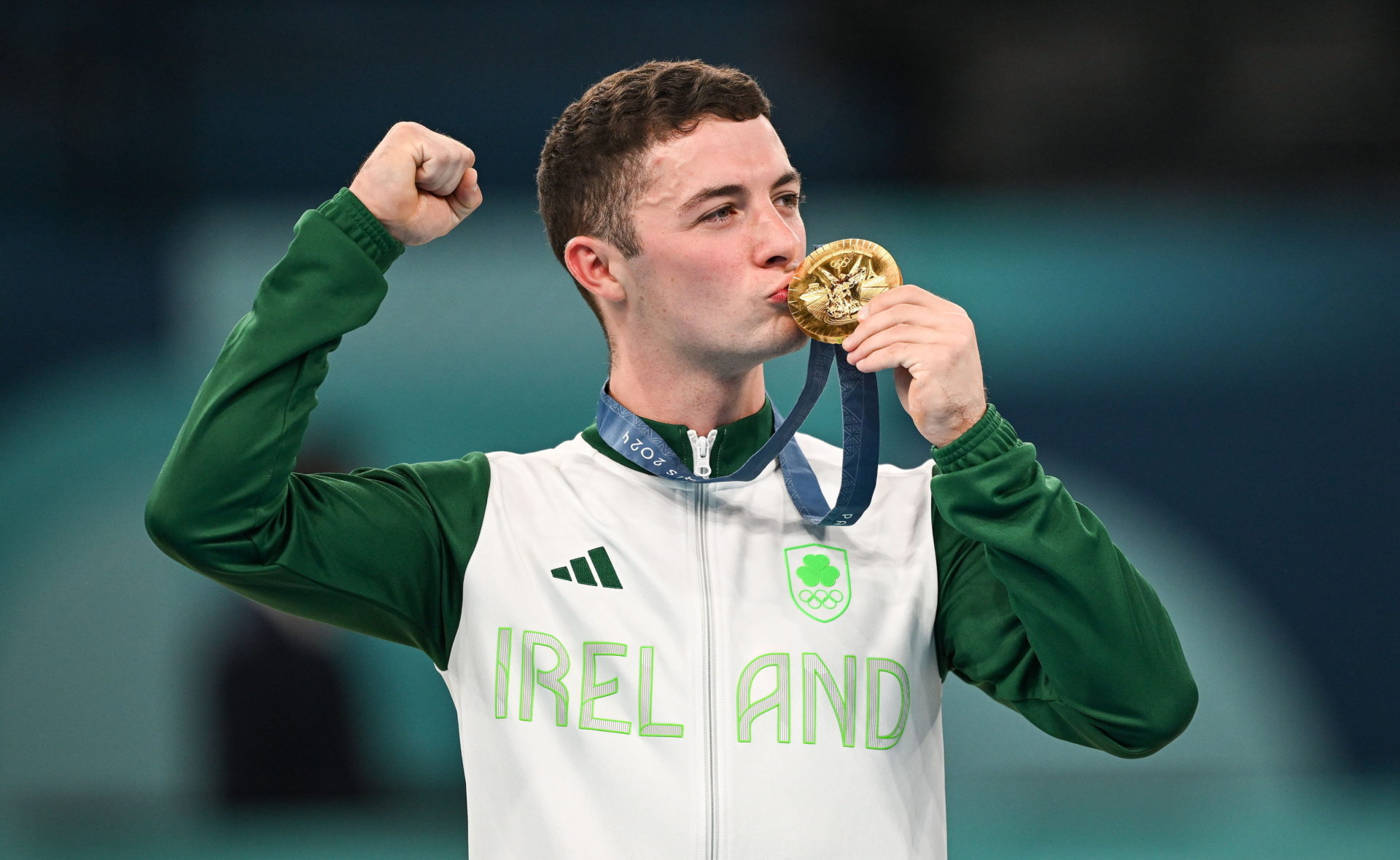 Rhy McClenaghan accepts his Gold medal for Pommel Horse in the 2024 Olympics. Image: David Fitzgerald/Sportsfile