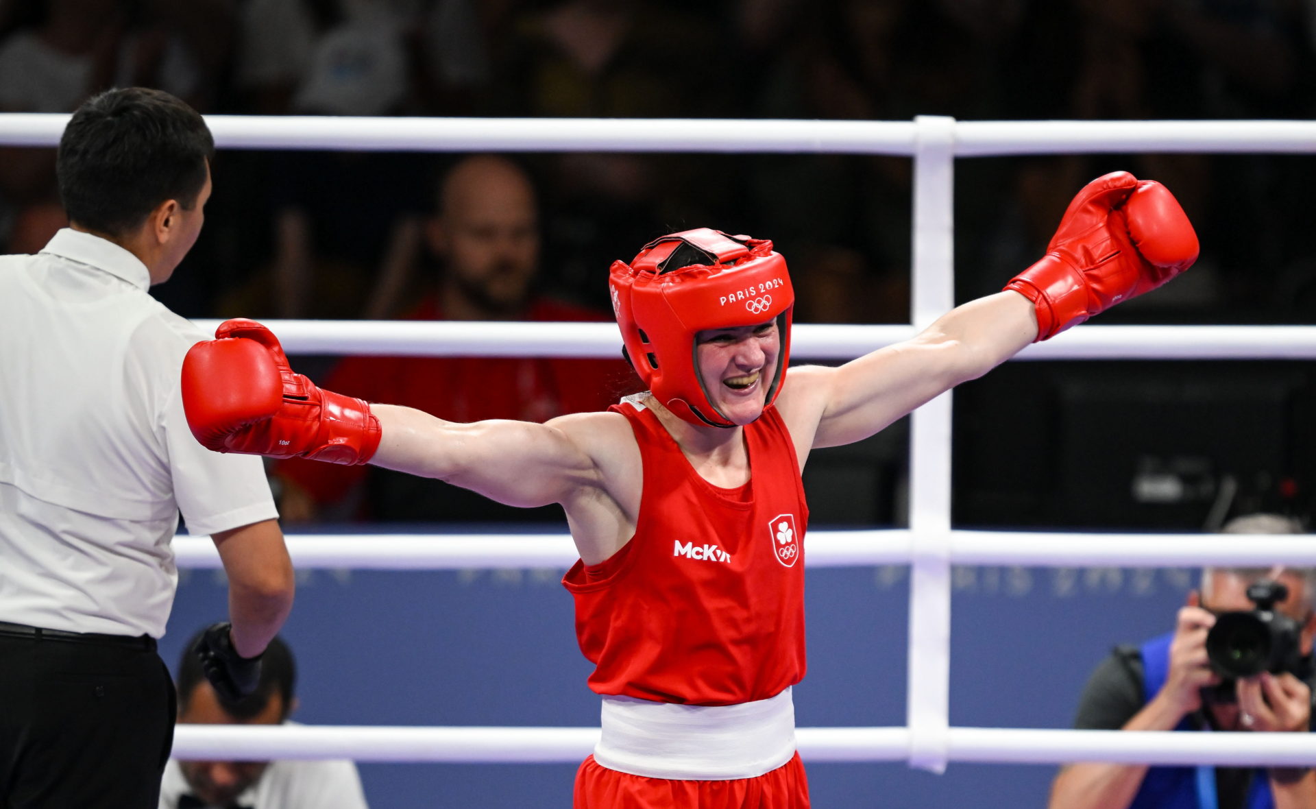 Kellie Harrington following her semi-final win against Beatriz Ferreira in the 2024 Paris Olympics., 03/08/2024. Image: Stephen McCarthy/Sportsfile