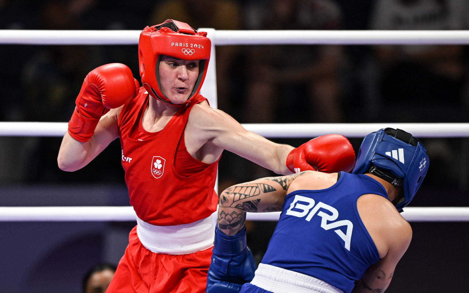 Kellie Harrington of Team Ireland against Beatriz Soares Ferreira of during the Olympics women's 60kg semi-final at the Paris North Arena. Image: David Fitzgerald/Sportsfile