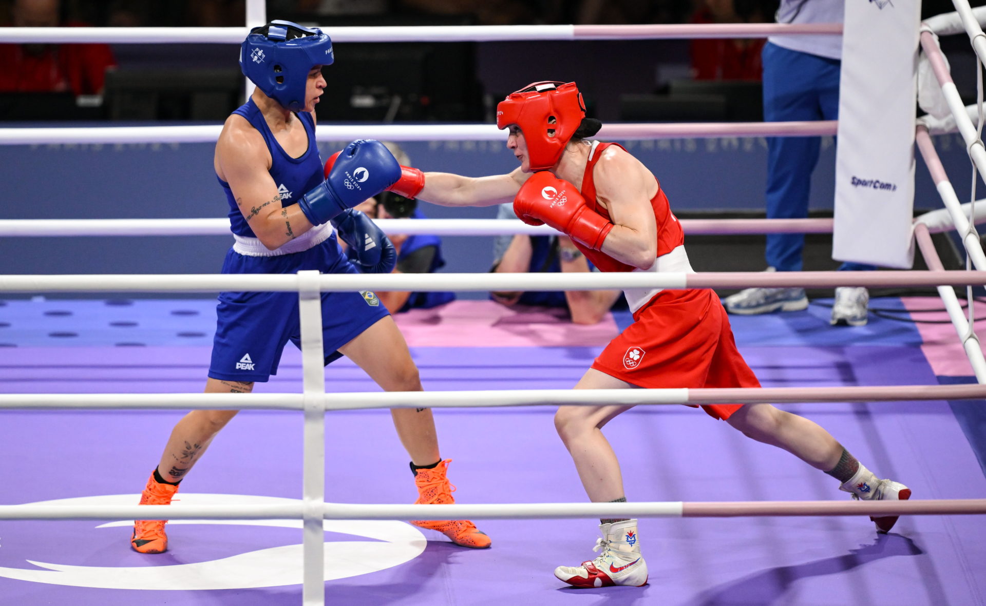 Kellie Harrington head coach Zaur Antia after winning against Angie Paola Valdes Pana of Team Colombia in the Olympics women's 60kg quarterfinal. Image: Stephen McCarthy/Sportsfile