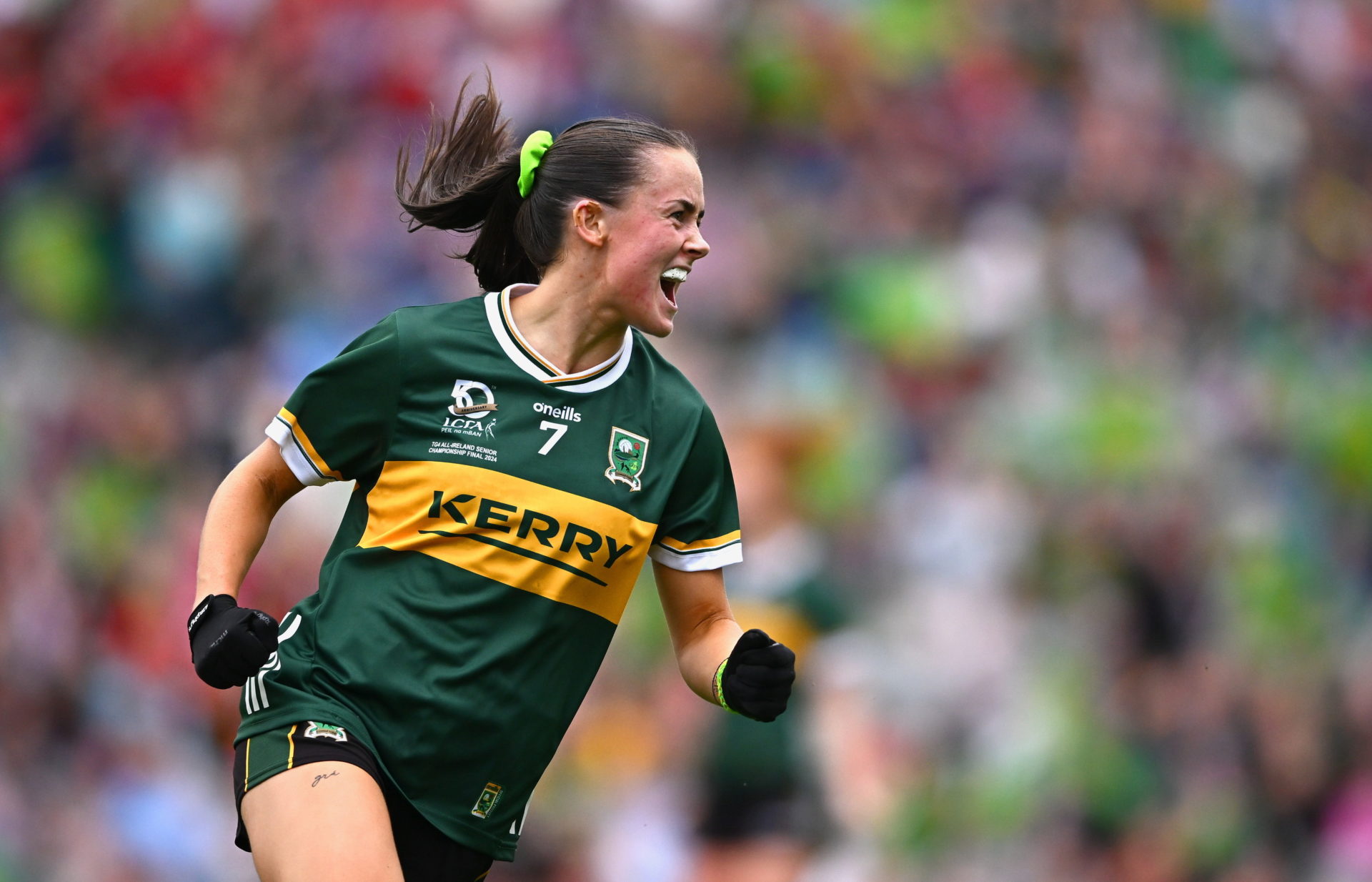 Aoife Dillane of Kerry celebrates after scoring her side's first goal during the All-Ireland Ladies Football Senior Championship final match between Galway and Kerry at Croke Park, Dublin. Photo by Seb Daly/Sportsfile