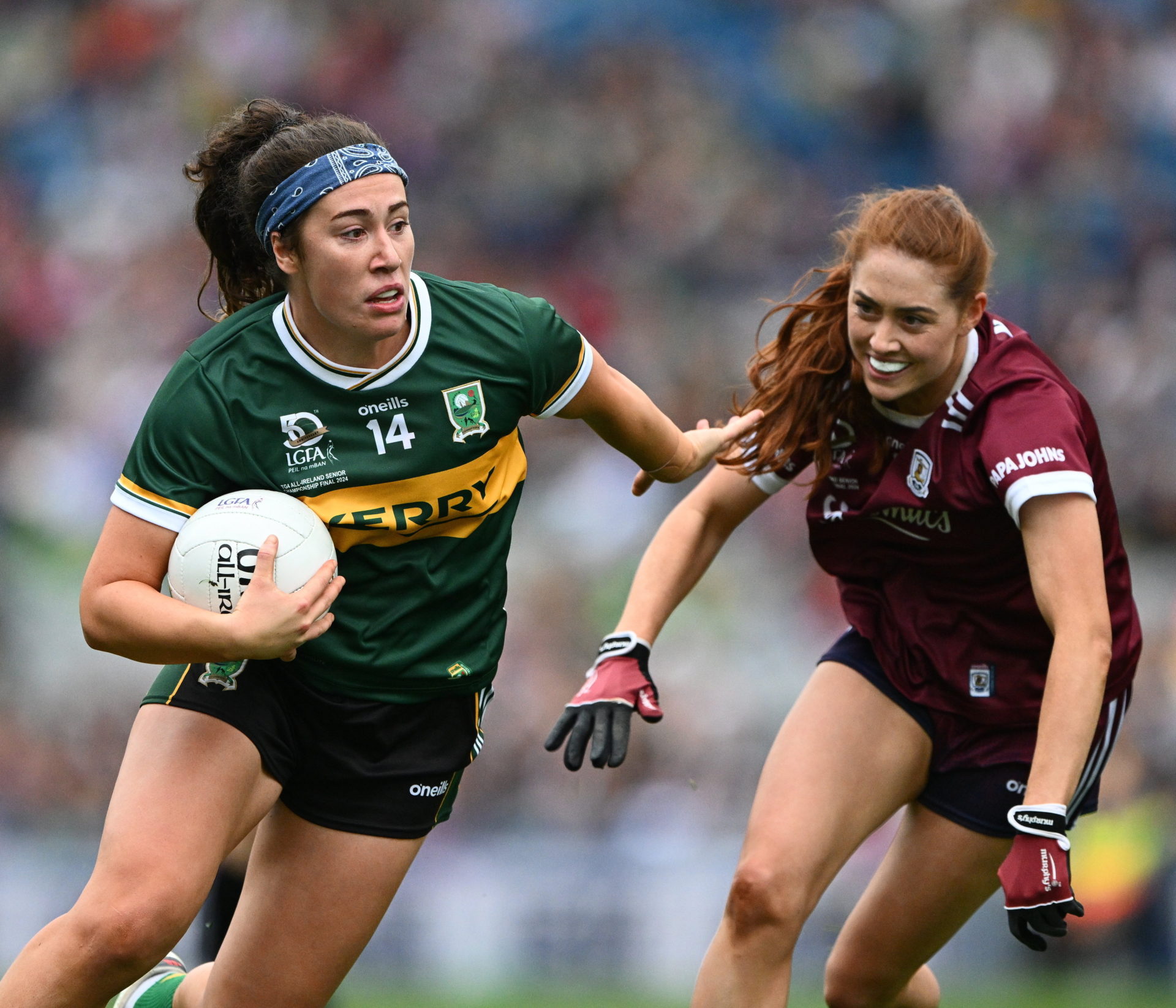 Emma Dineen of Kerry is tackled by Sarah Ní Loingsigh of Galway during the TG4 All-Ireland Ladies Football Senior Championship final match between Galway and Kerry at Croke Park, Dublin. Photo by Ray McManus/Sportsfile