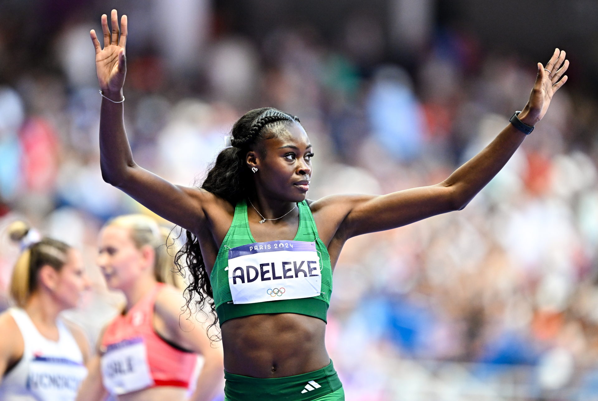 Rhasidat Adeleke of Team Ireland after winning the women's 400m round 1 at the Stade de France during the 2024 Paris Summer Olympic Games in Paris, France. Photo by Sam Barnes/Sportsfile