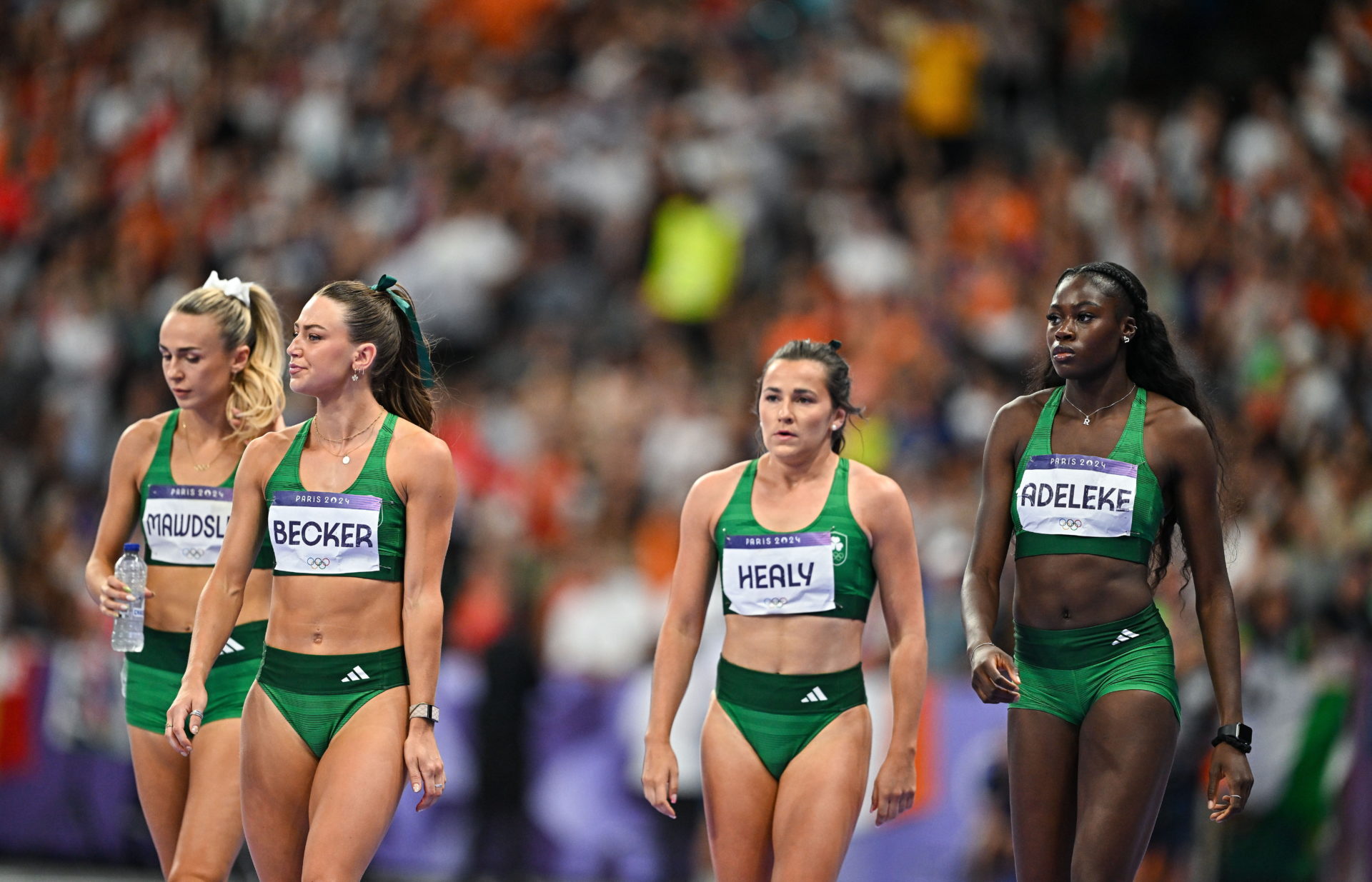 Sharlene Mawdsley, Sophie Becker, Phil Healy and Rhasidat Adeleke before the women's 4x400 metre relay at the Stade de France during the 2024 Paris Summer Olympic Games in Paris, France. Image: Sam Barnes/Sportsfile