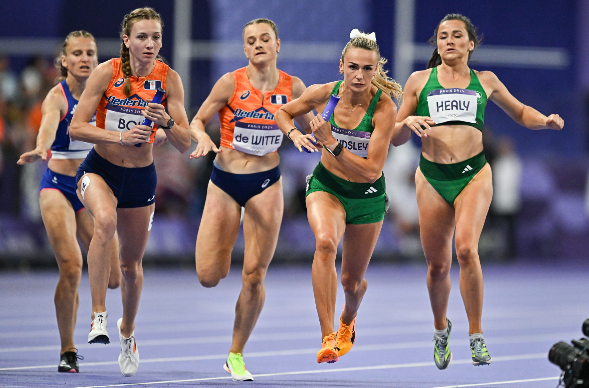 Sharlene Mawdsley and Phil Healy during the women's 4x400 relay final at the Stade de France during the 2024 Paris Summer Olympic Games in Paris, France. Image: Sam Barnes/Sportsfile