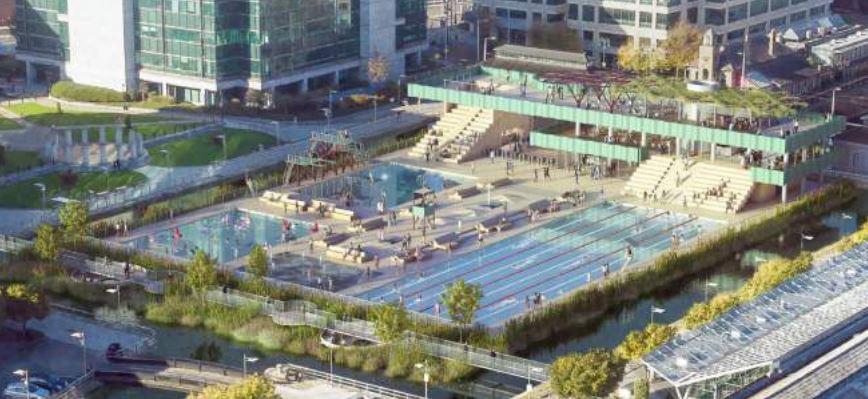 Artist's interpretation of a lido deck at George's Dock in Dublin