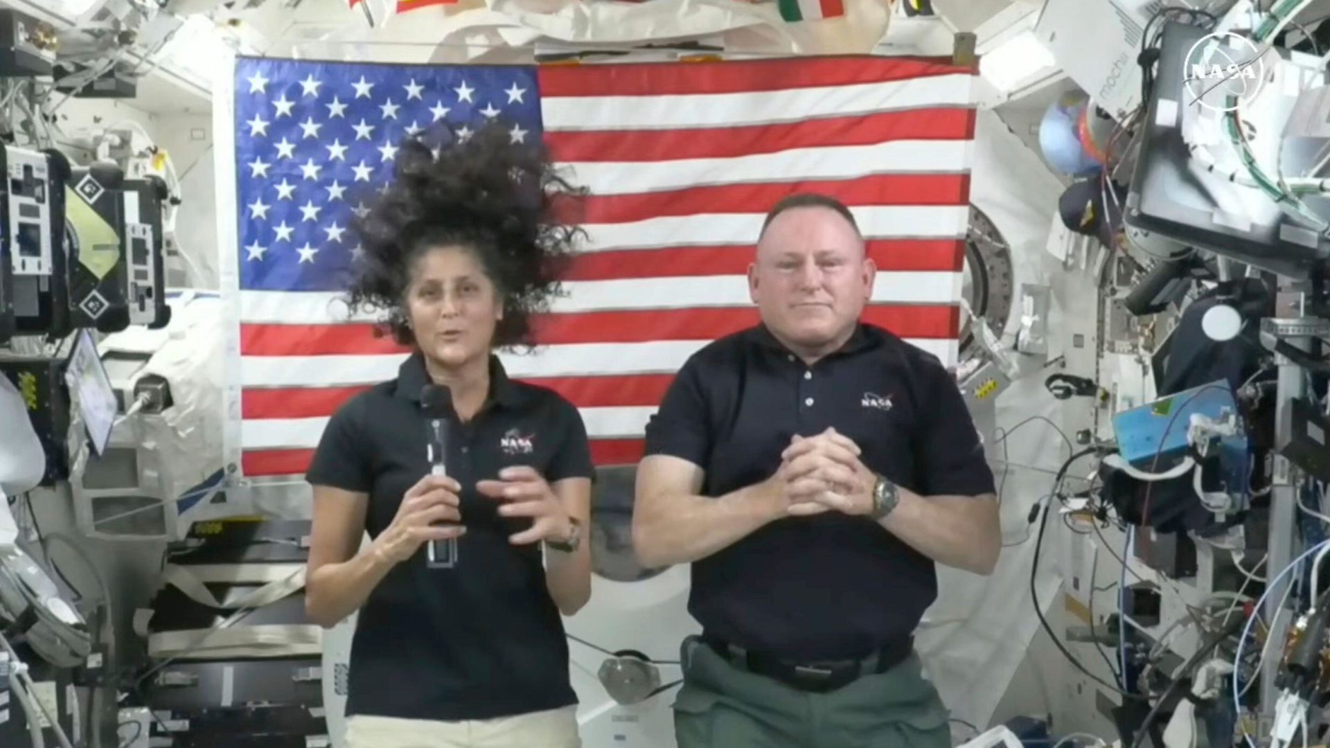 Atronauts Suni Williams and Butch Wilmore give a news conference aboard the International Space Station, 10/07/2024. (NASA via AP)