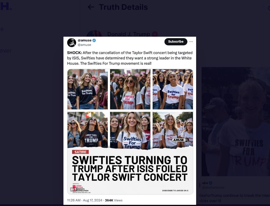 Taylor Swift-related images posted by Donald Trump on his Truth Social account